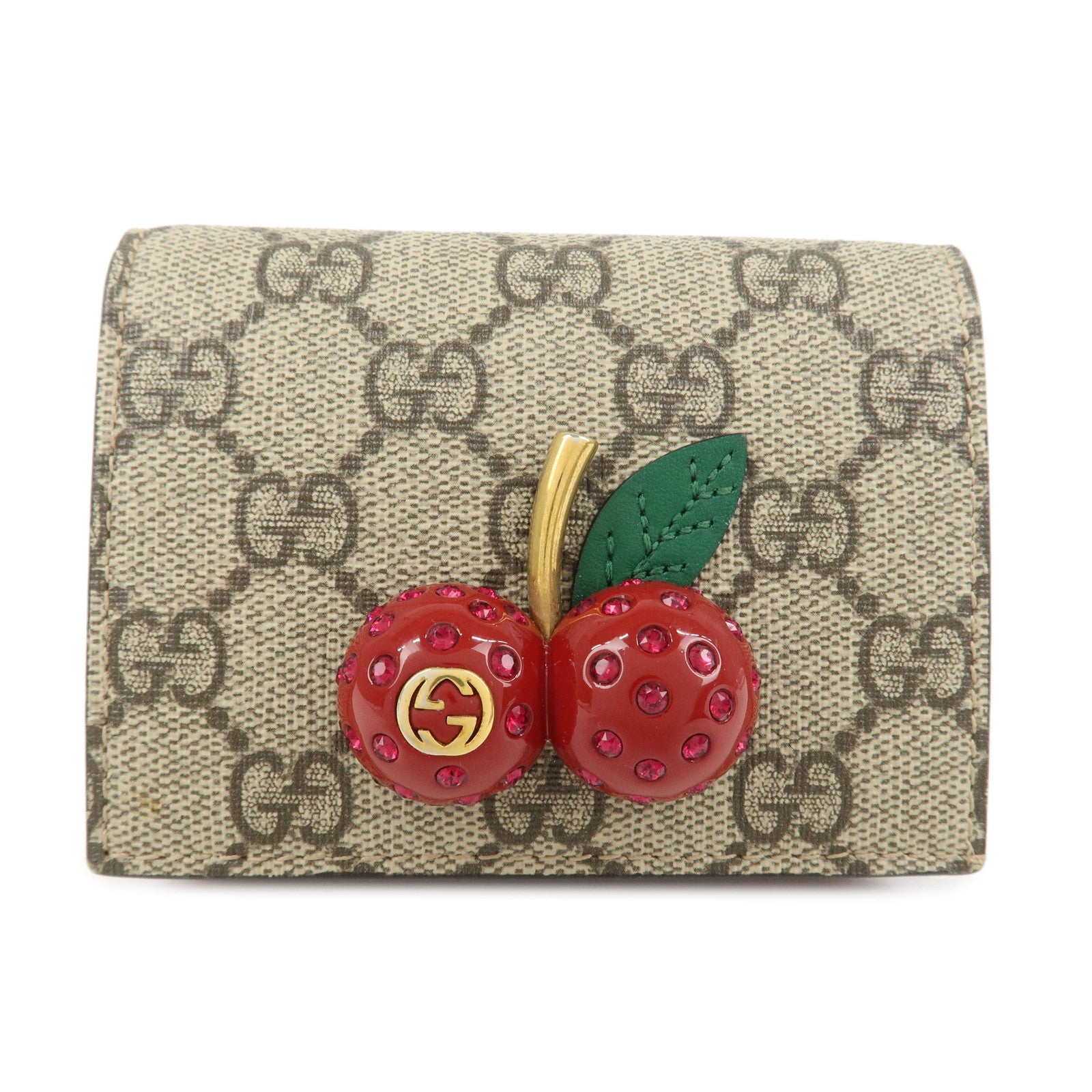 GUCCI Interlocking G GG Supreme Cherry Compact Wallet Beige 476050