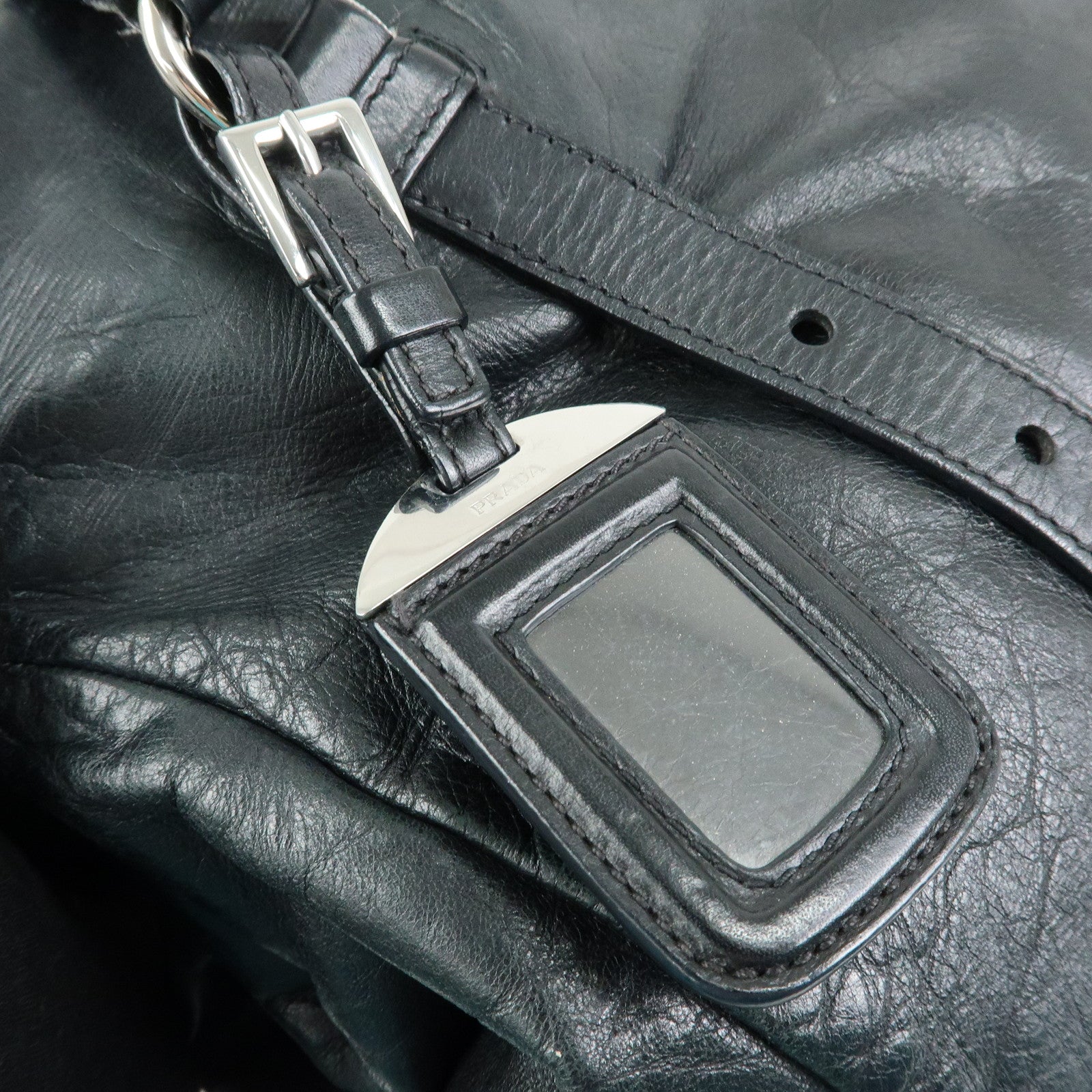 PRADA Logo Leather Shoulder Bag Tote Bag Black Silver