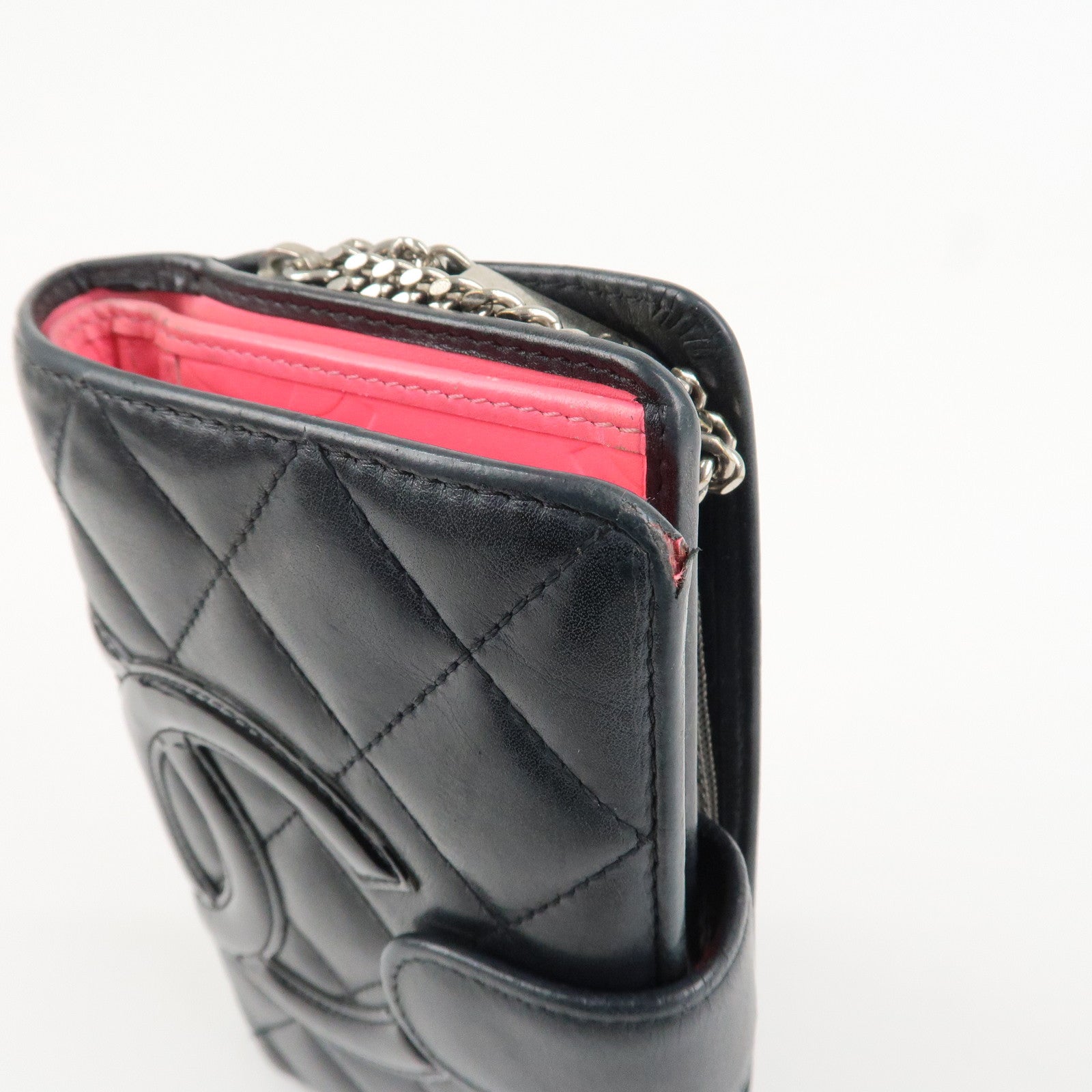 CHANEL Cambon Line COCO Mark Bifold Wallet Black Pink A50080 Used