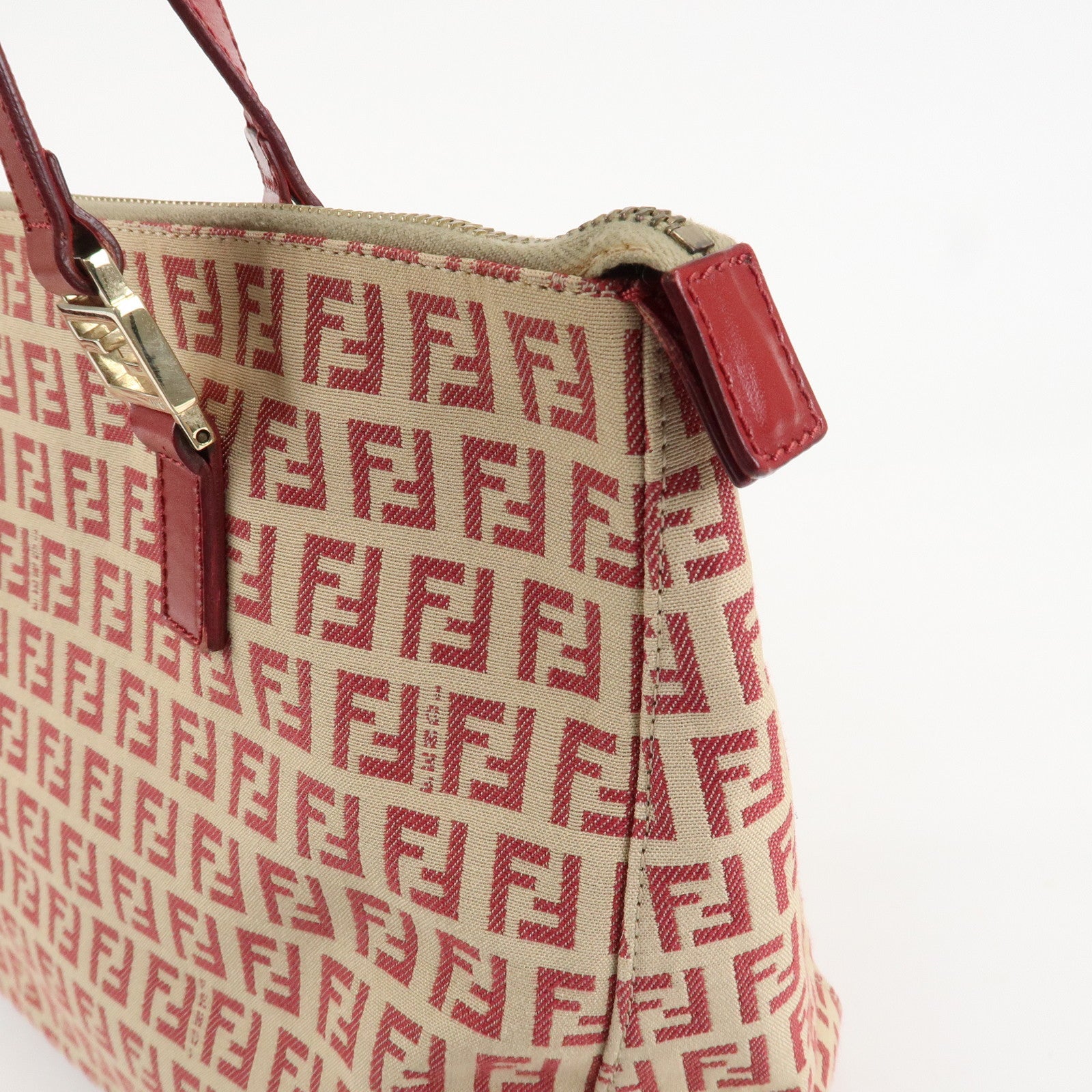 FENDI Zucchino Canvas Leather Hand Bag Beige Red 8BH134 Used
