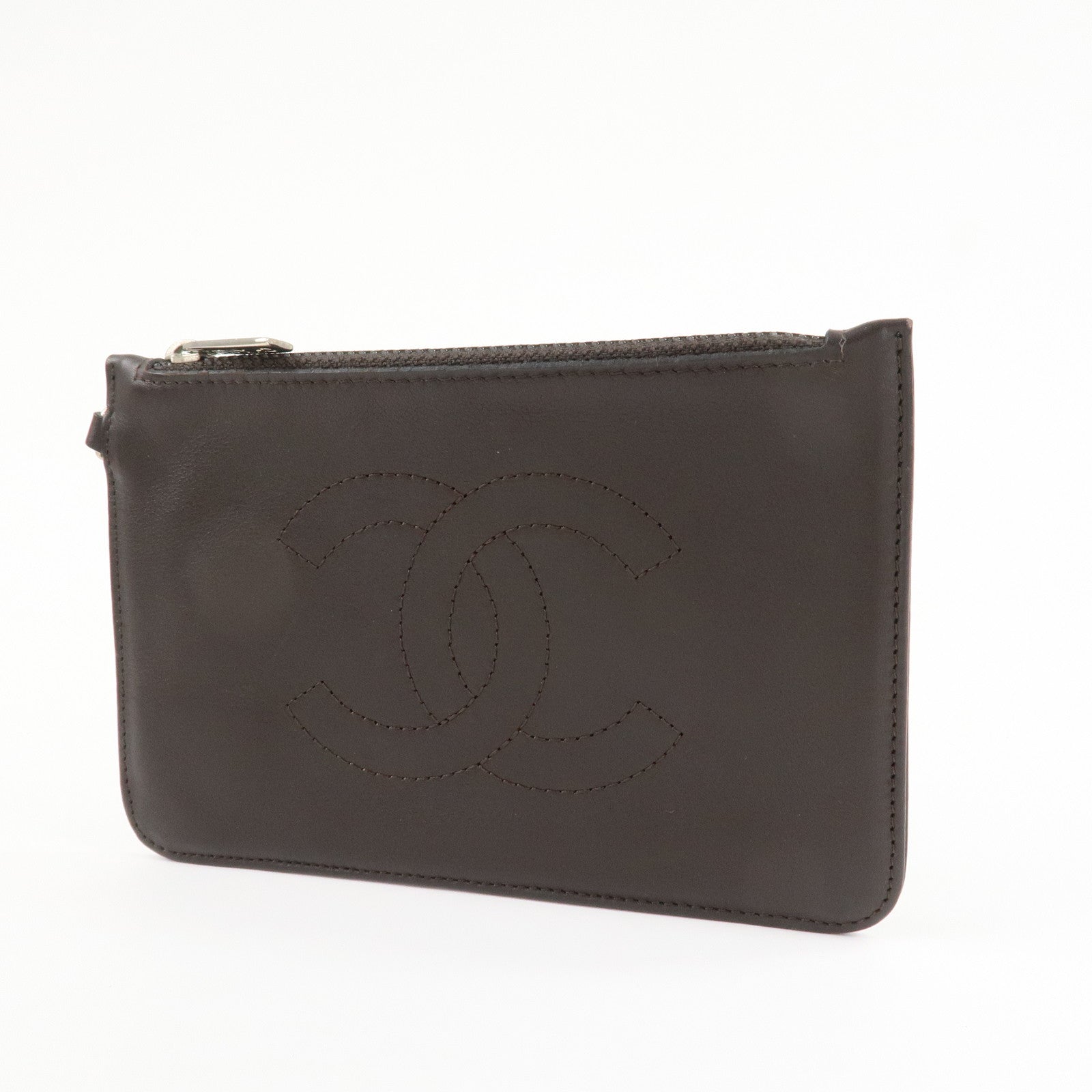 CHANEL Lamb Skin COCO Mark Pouch Silver Hardware Brown A25183 Used