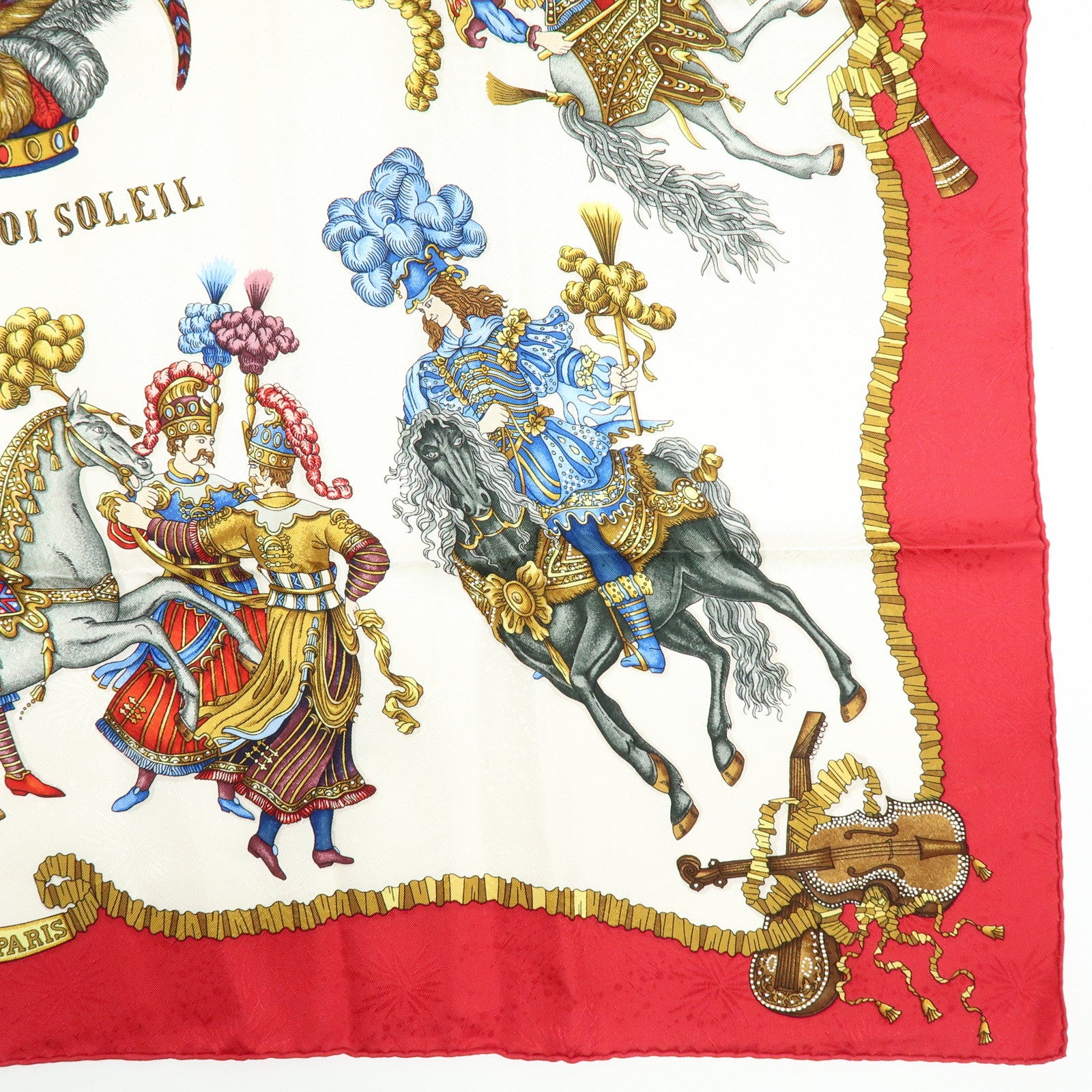 HERMES Carre 90 Silk 100% Scarf LES FERES DU ROI SOLEIL Red Gold