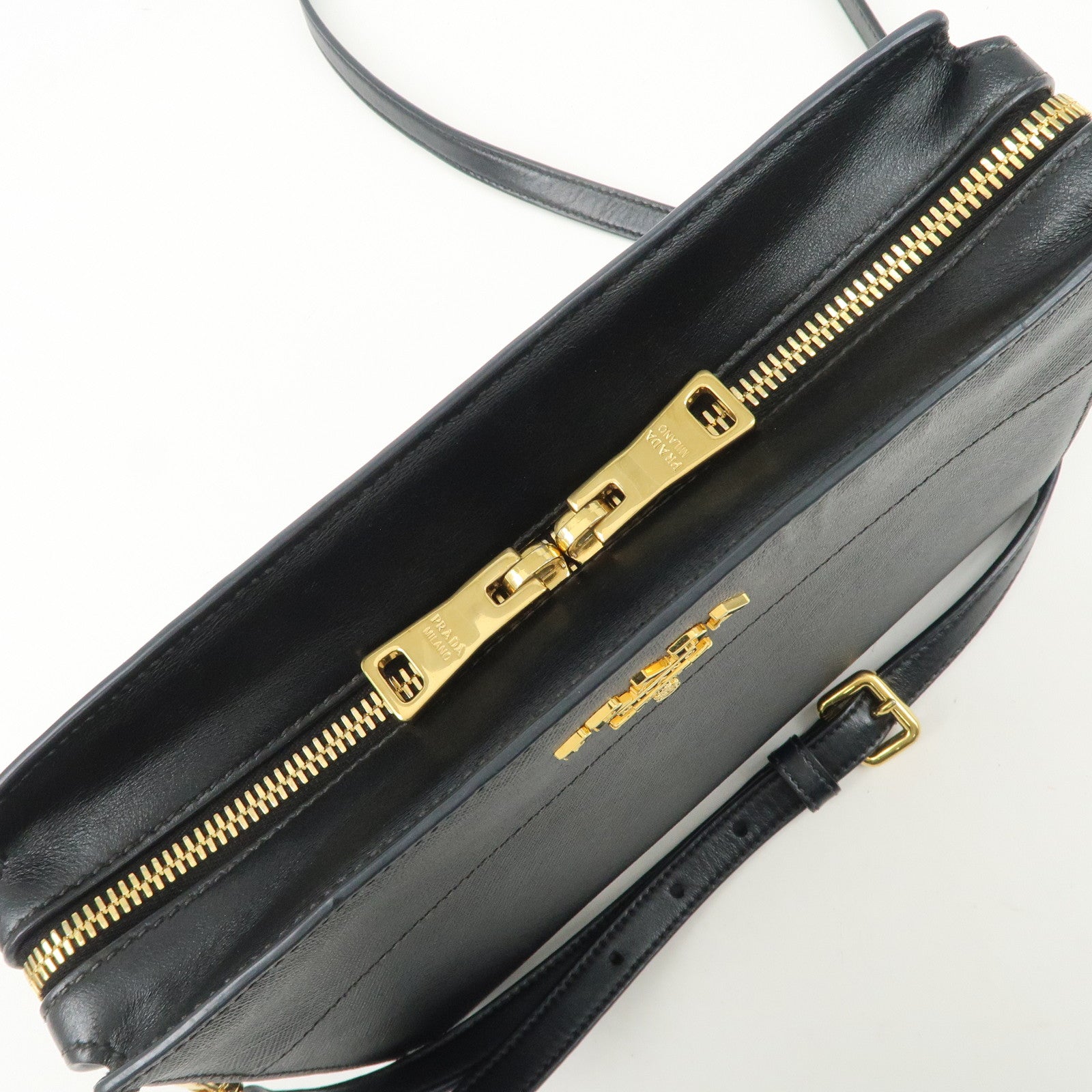 PRADA Logo Saffiano Leather Shoulder Bag Gold HDW Black