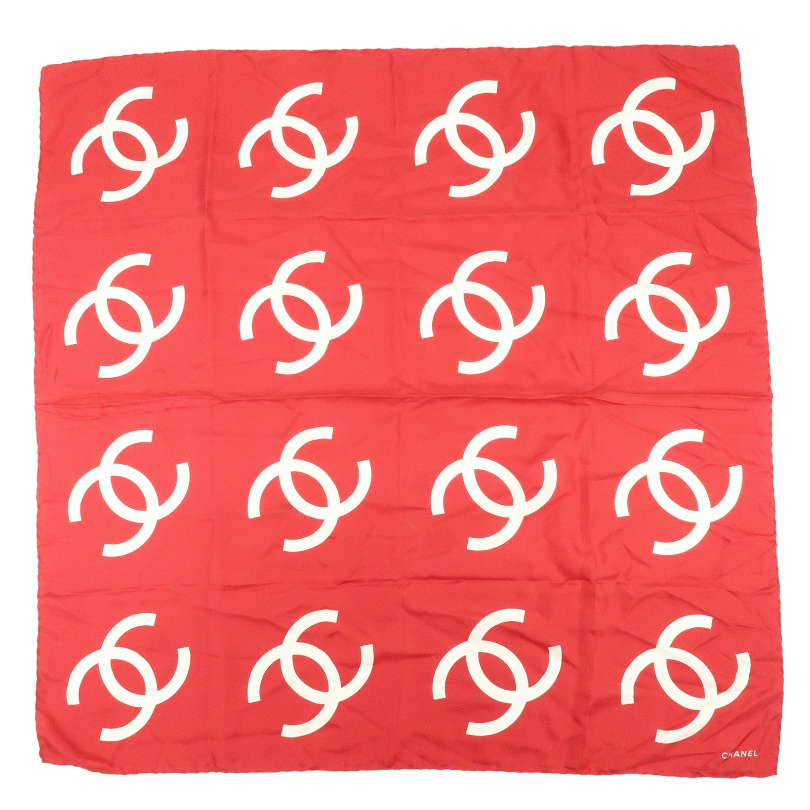 CHANEL COCO Mark Silk 100% Scarf Red White