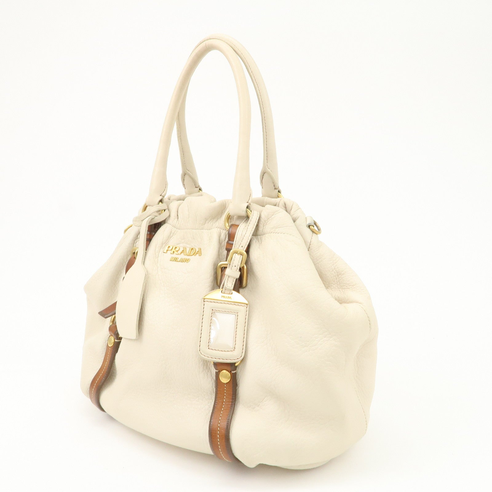 PRADA Leather 2Way Bag Tote Bag Brown White BN1773 Used