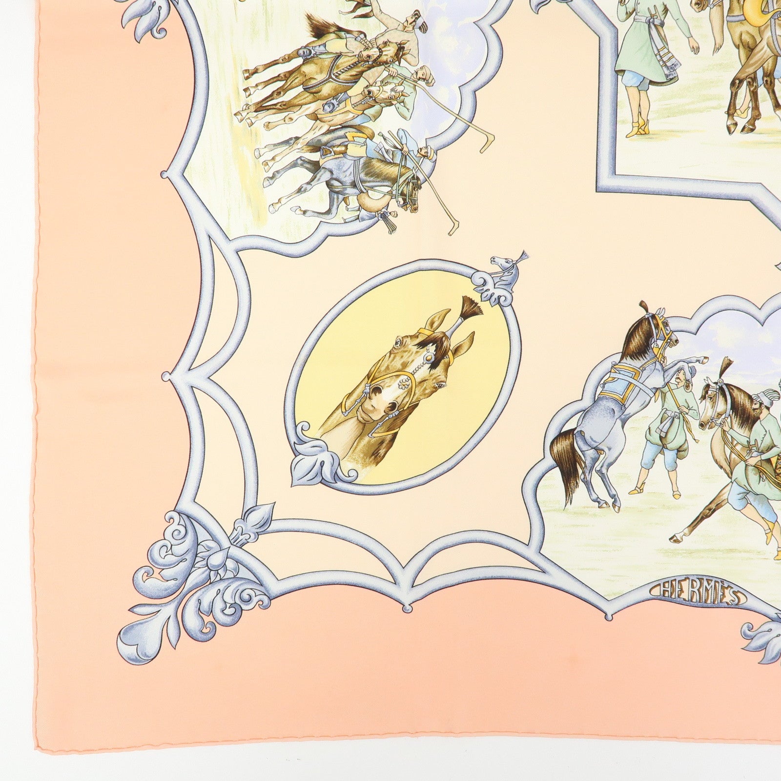 HERMES Carre 90 Silk 100% Scarf LES CHEVAUX DES MOGHOLS Pink Beige