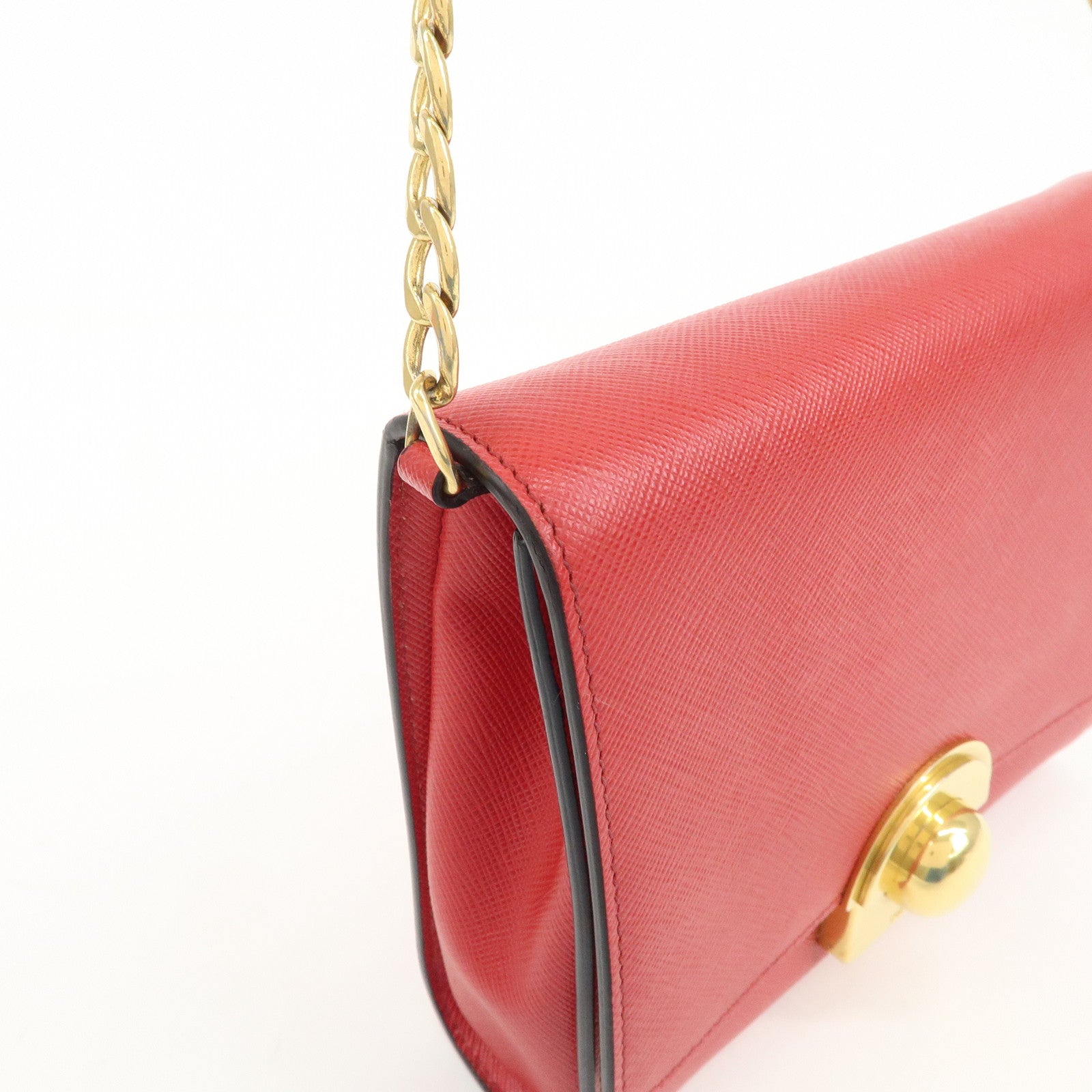 PRADA Logo Saffiano Leather Chain Shoulder Bag Red 1BH007