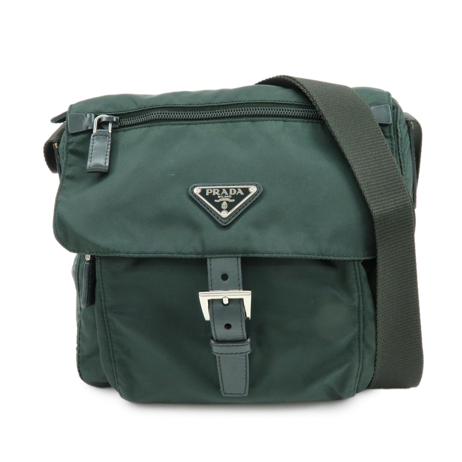 PRADA Triangle Logo Nylon Leather Shoulder Crossbody Bag Dark Brown