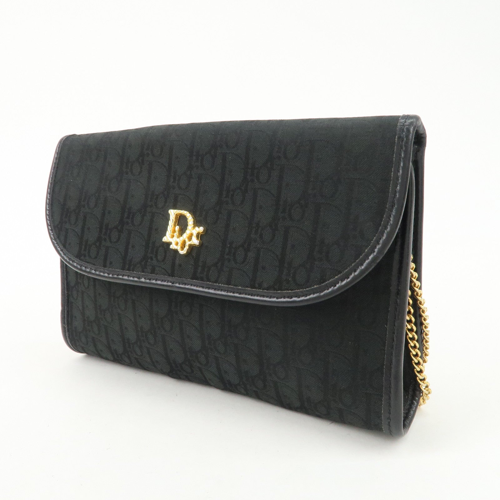 Christian Dior Trotter Leather Canvas Chain Shoulder Bag Black