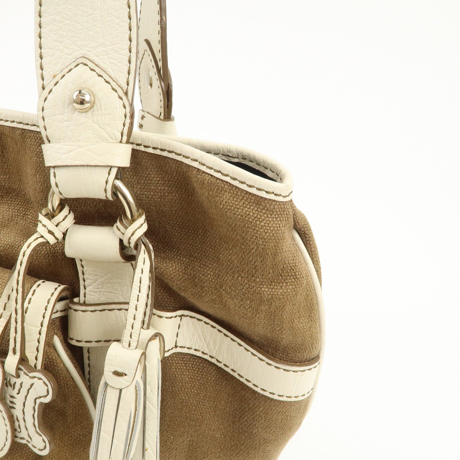 CELINE Logo Canvas Leather Tote Bag Shoulder Bag Brown Ivory