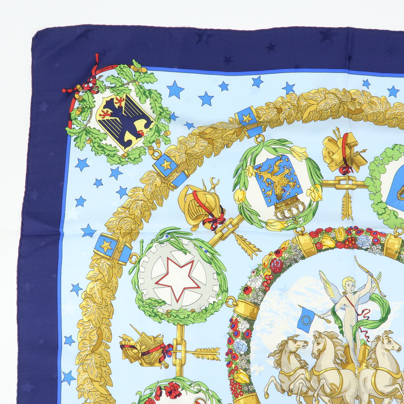 HERMES Carre 90 Silk 100% Scarf Emblemes de L’Europe Light Blue