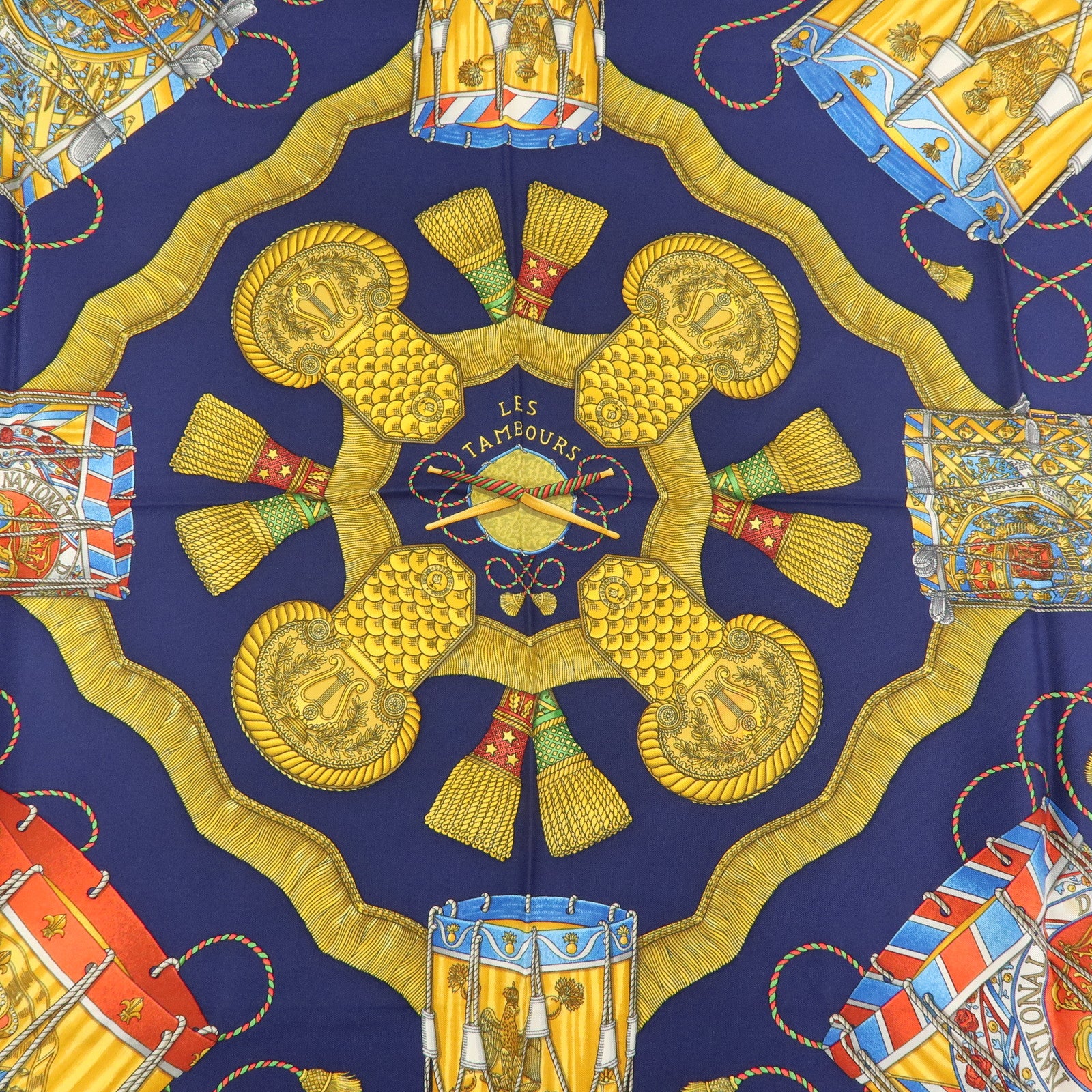 HERMES Carre 90 Silk 100% Scarf LES TAMBOURS Navy Yellow