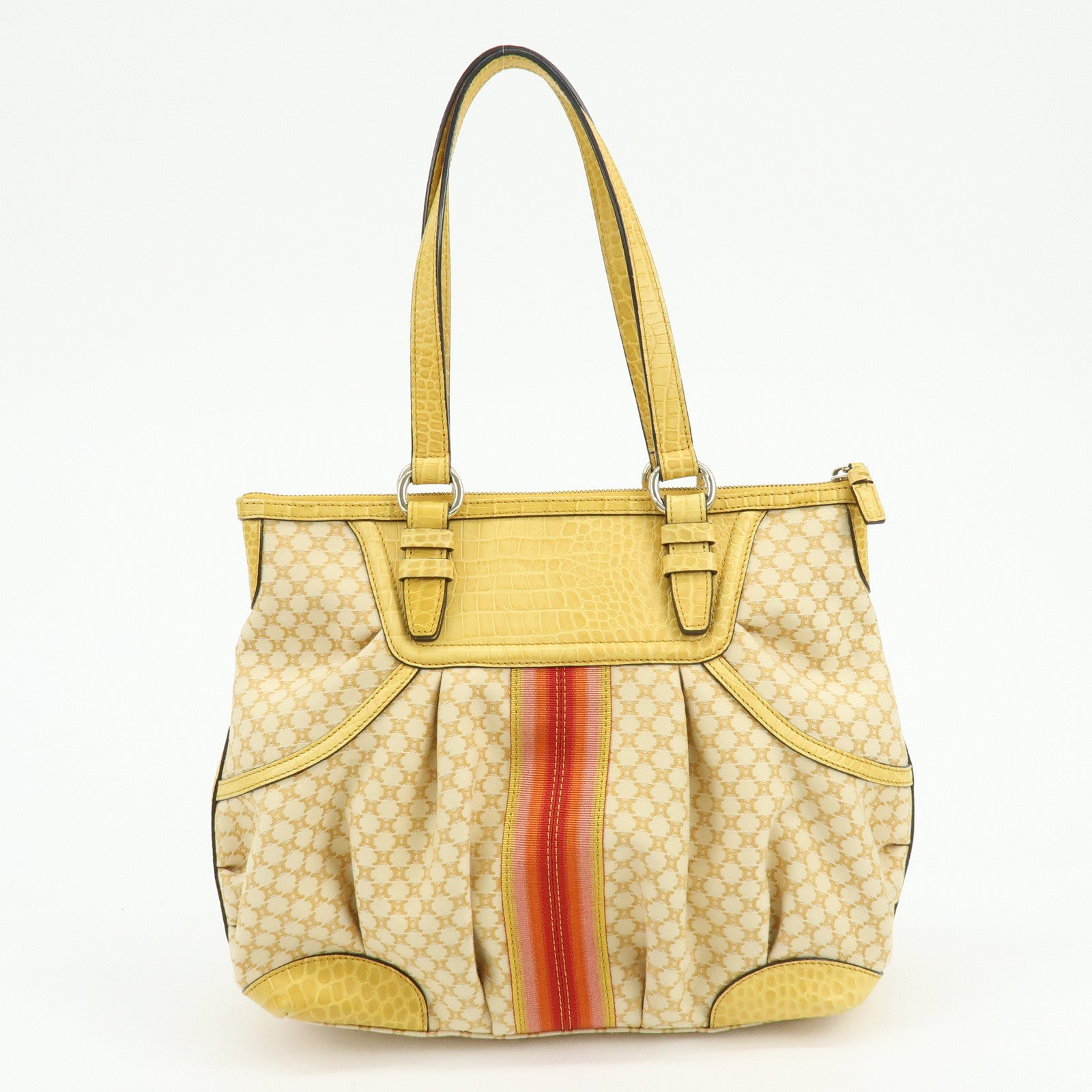 CELINE Macadam Embossed Leather Tote Bag Shoulder Bag Yellow Beige