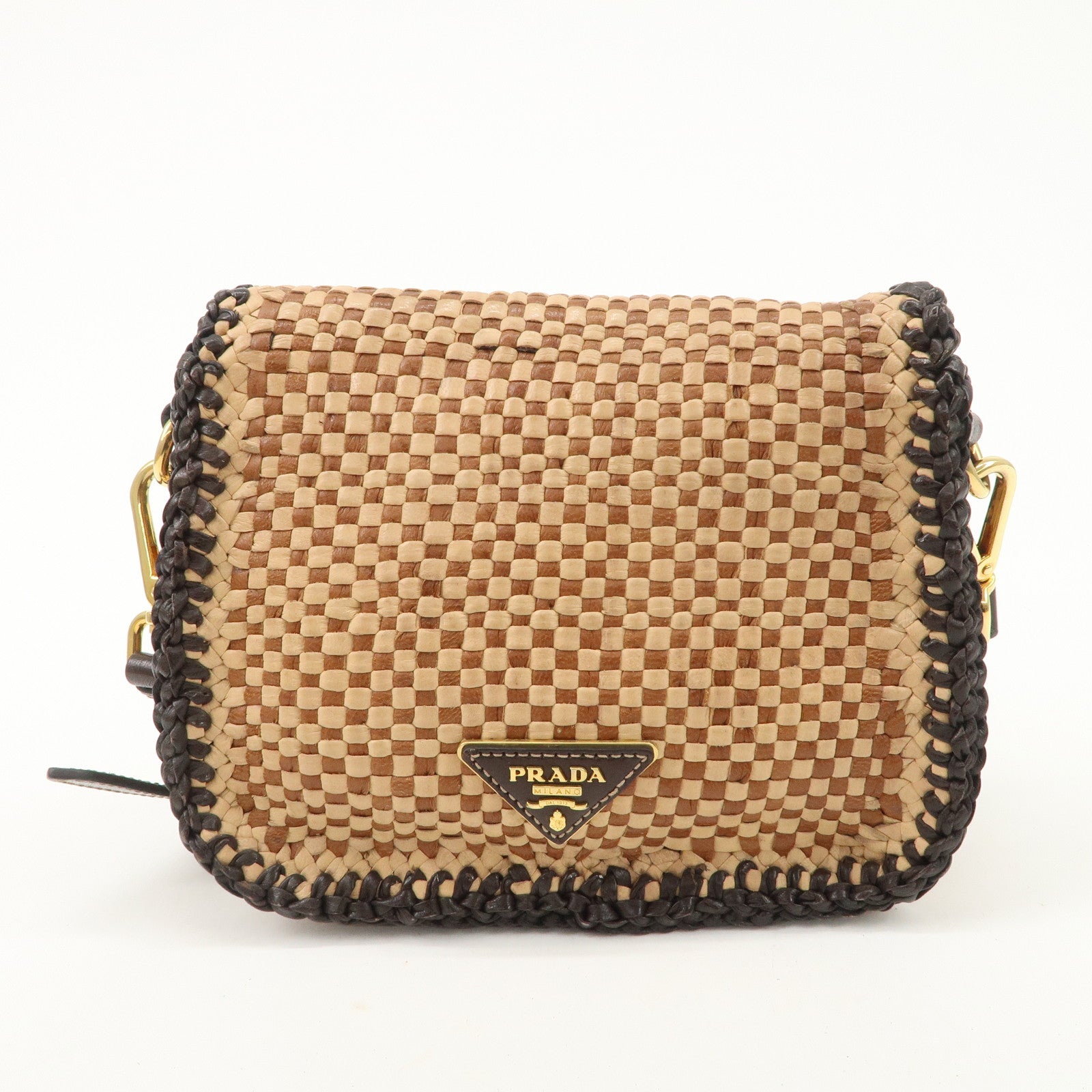 PRADA Madras Leather Shoulder bag Beige Brown BT781V Used