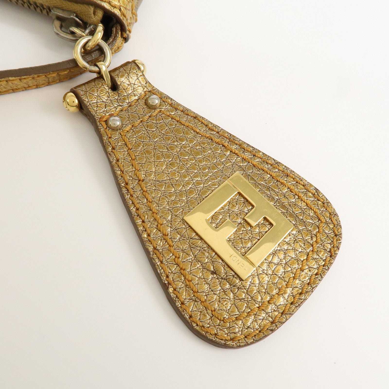 FENDI Leather Accessory Pouch Hand Bag Shoulder Bag Gold 8BR566