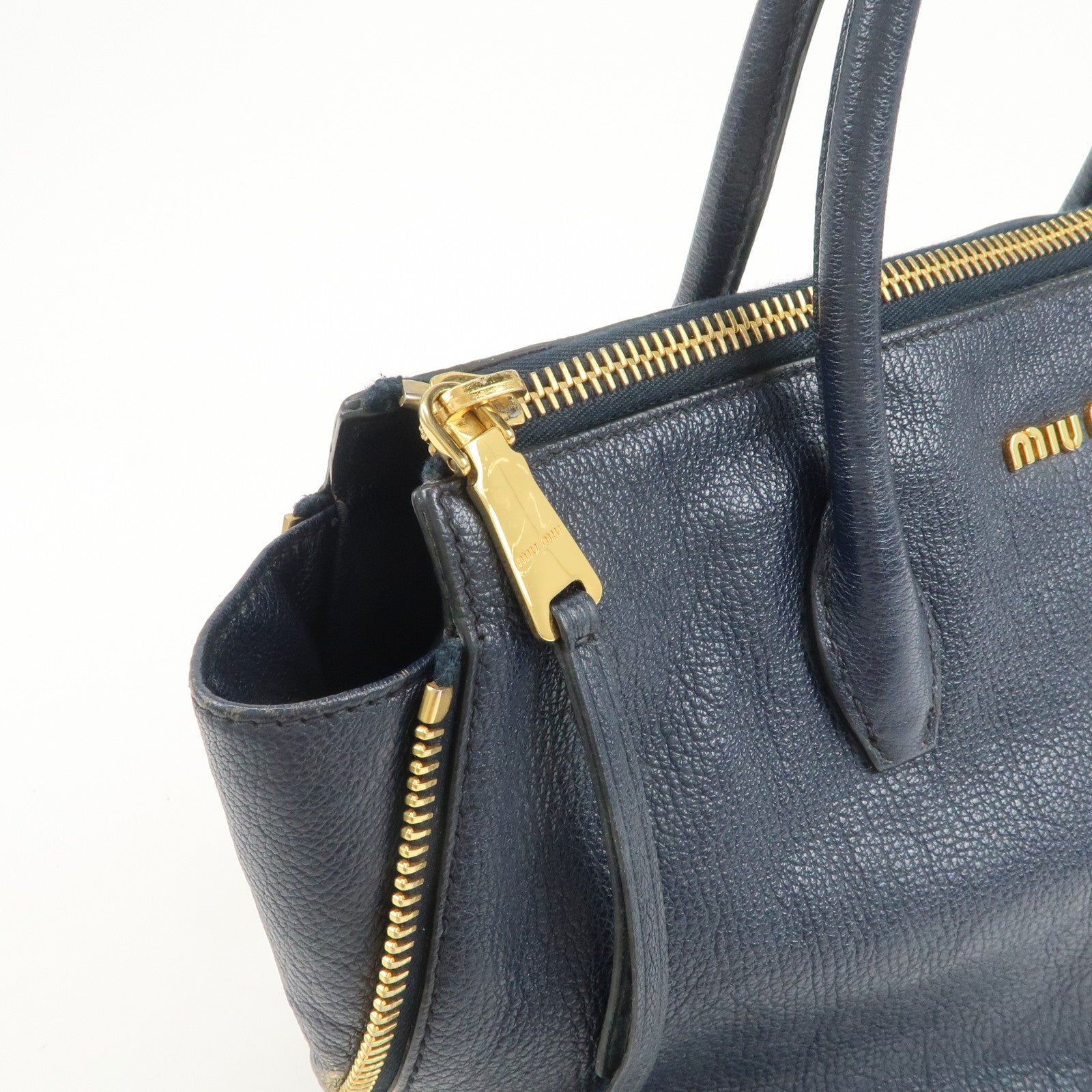 MIU MIU Madras Leather 2WAY Bag Hand Bag Shoulder Bag Navy RN1016