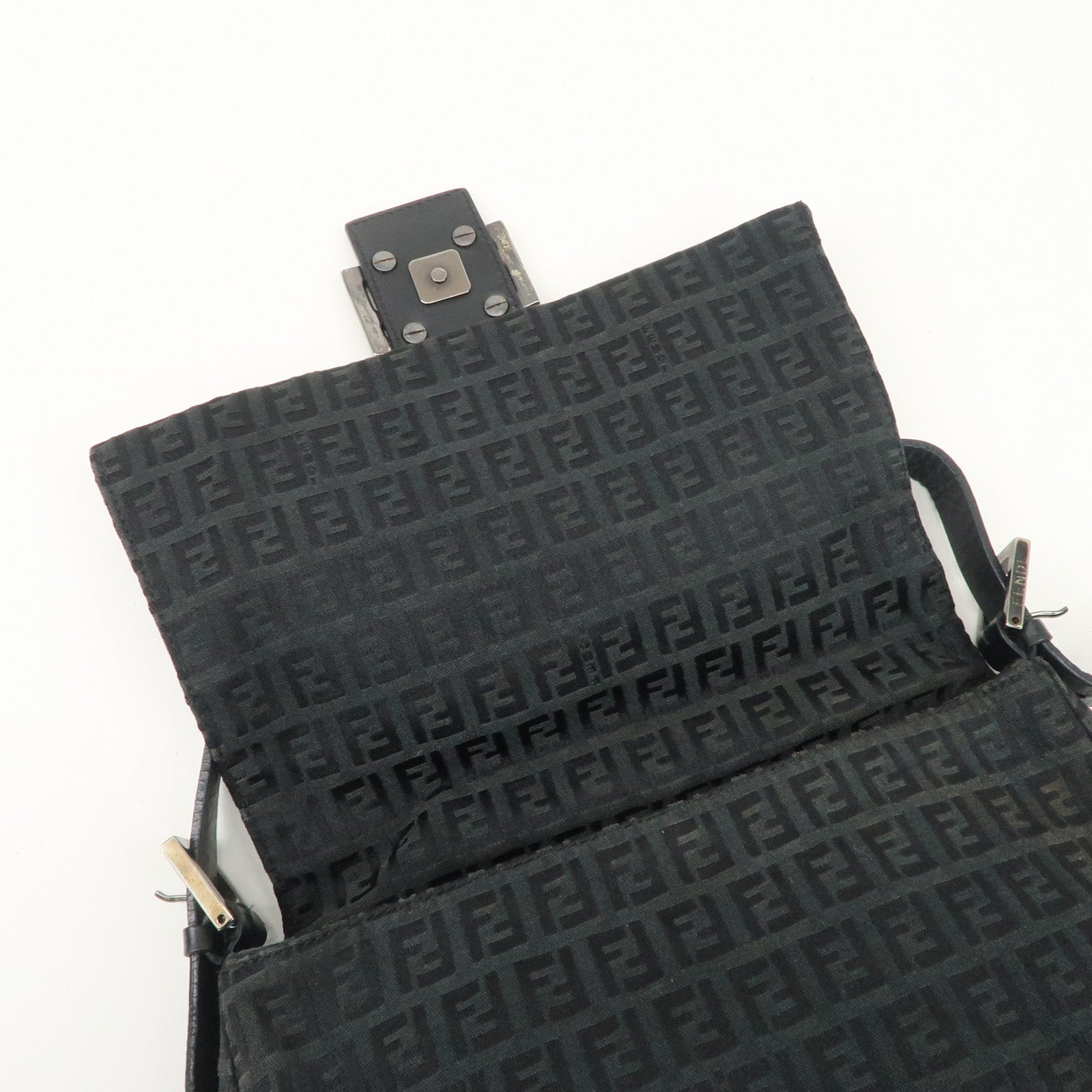 FENDI Mamma Baguette Zucchino Leather Canvas Shoulder Bag Black 8BR001 Used