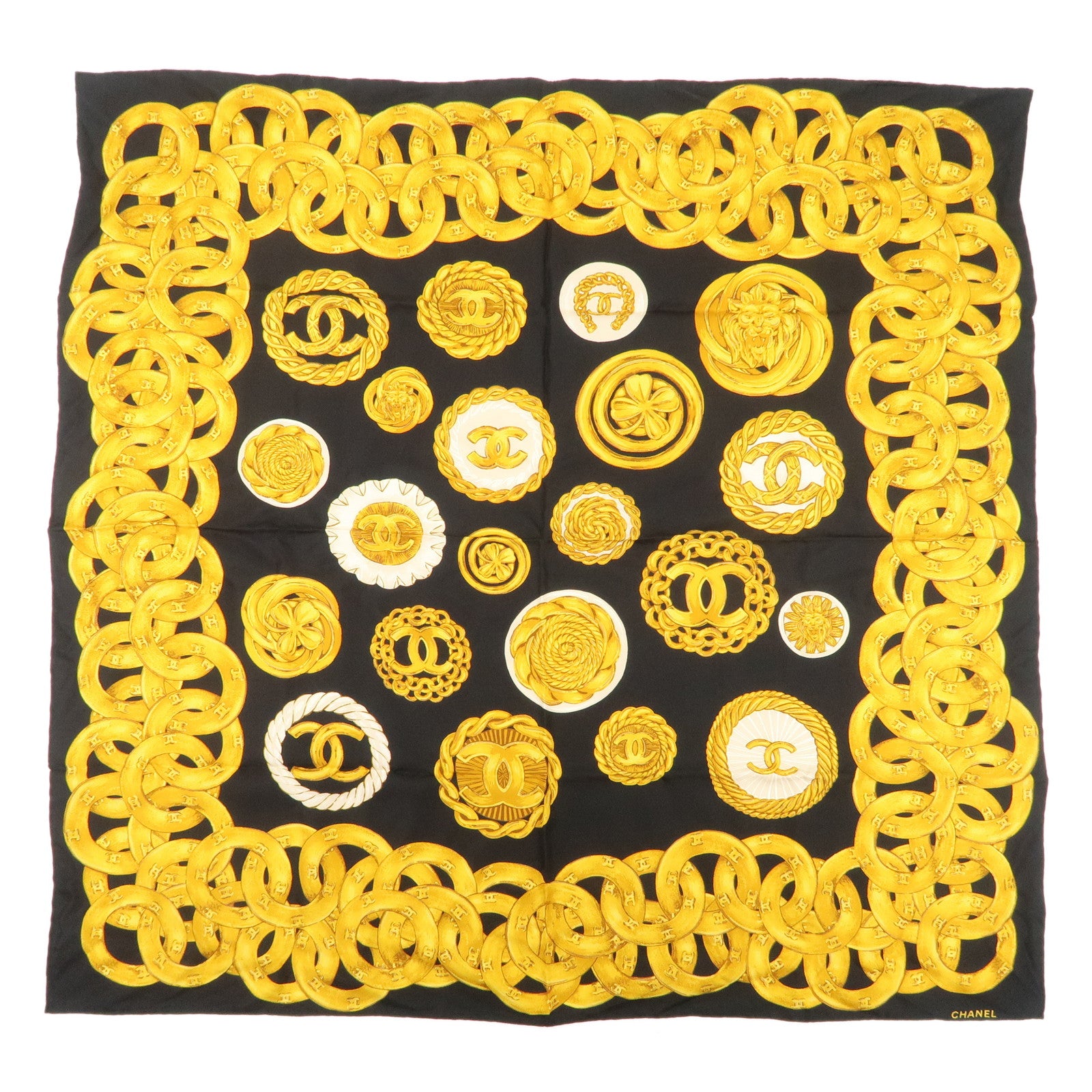 CHANEL COCO Mark Silk 100% Scarf Chain Pattern Black Gold Used