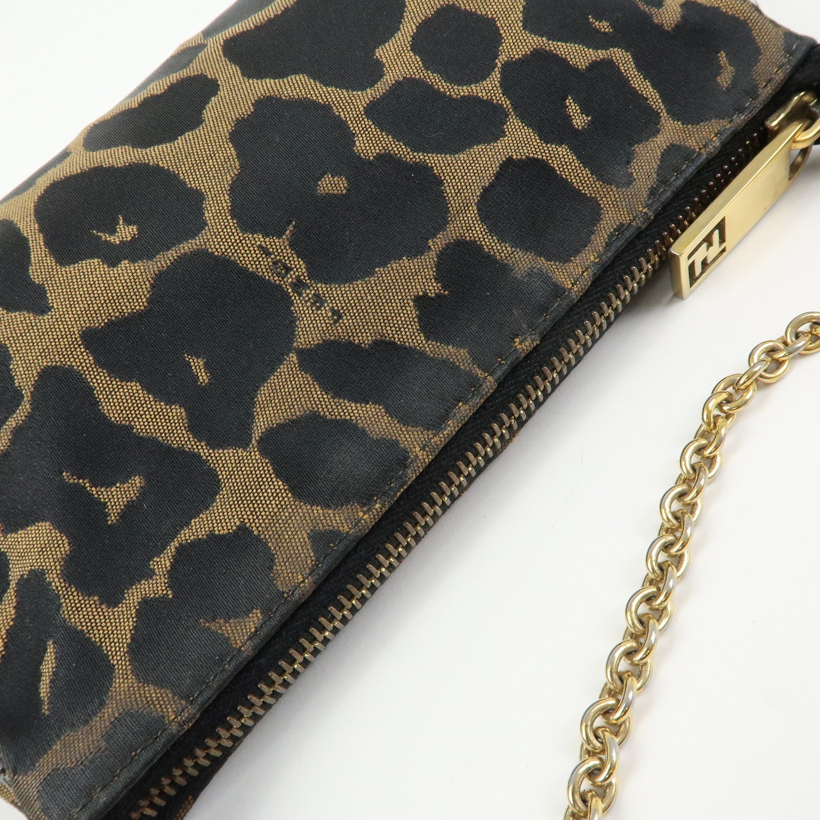 FENDI Canvas Leather Leopard Chain Hand Bag Brown Black 8M0264