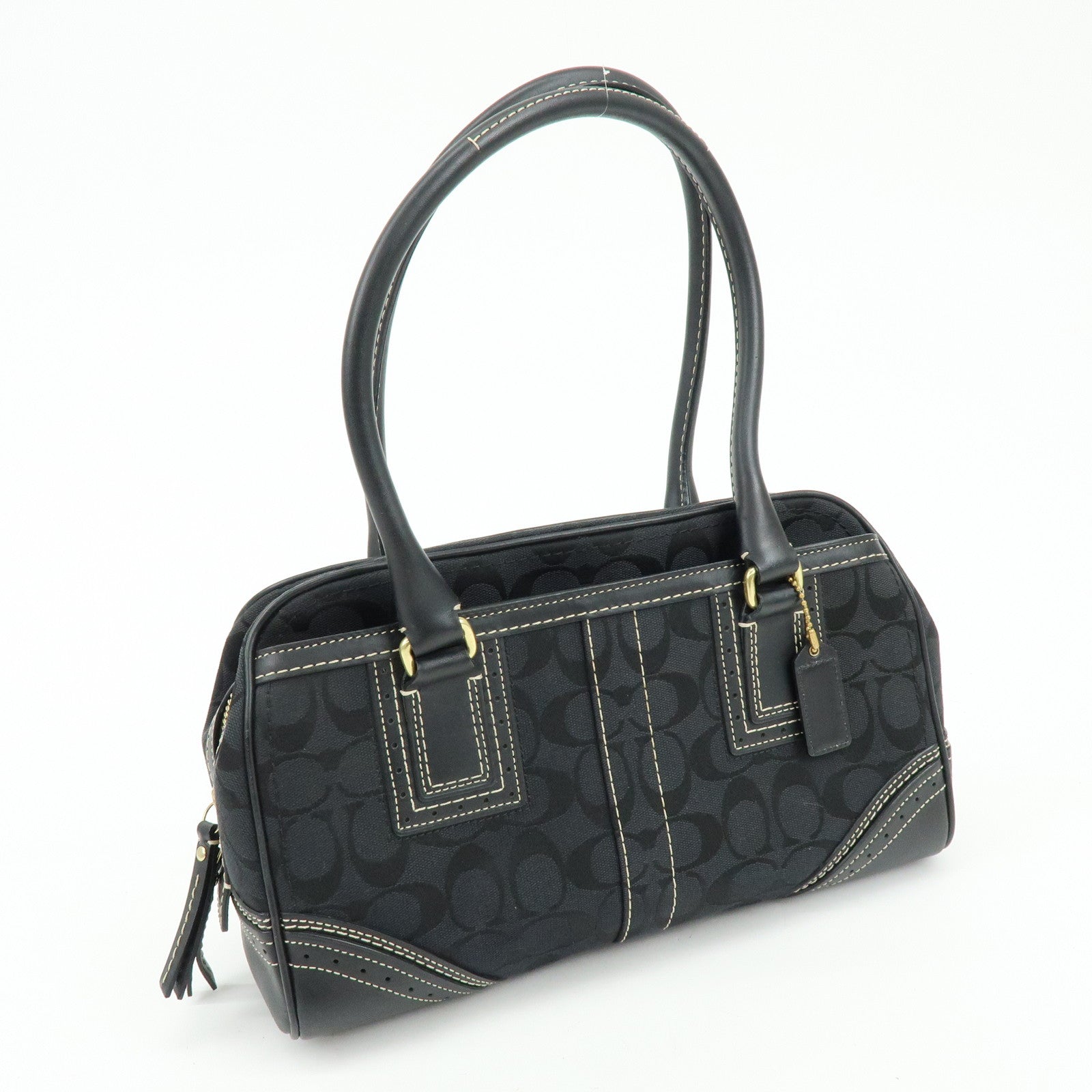 COACH Signature Canvas Leather Shoulder Bag Boston Bag Black