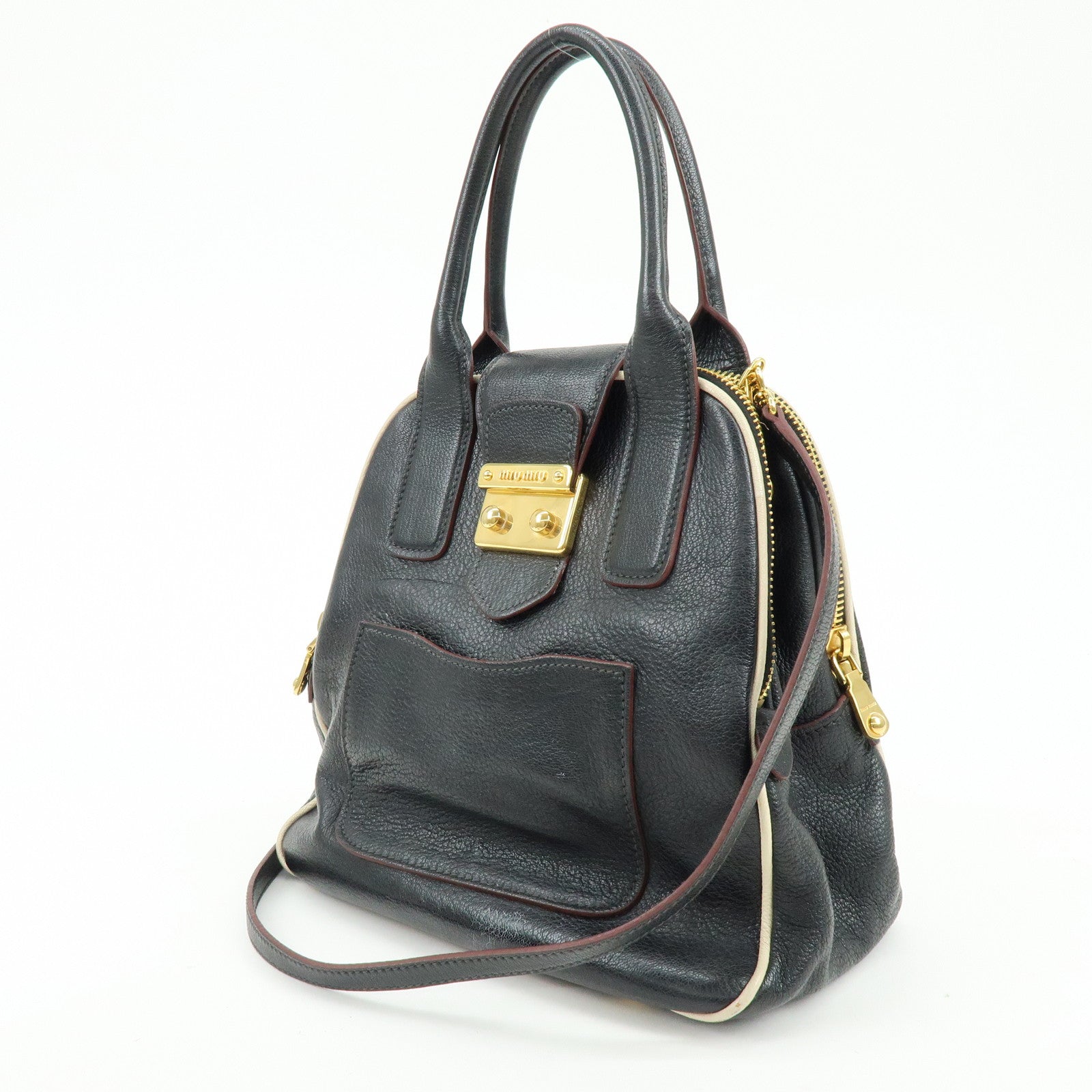 MIU MIU Logo Madras Leather 2Way Bag Hand Bag Shoulder Bag Black