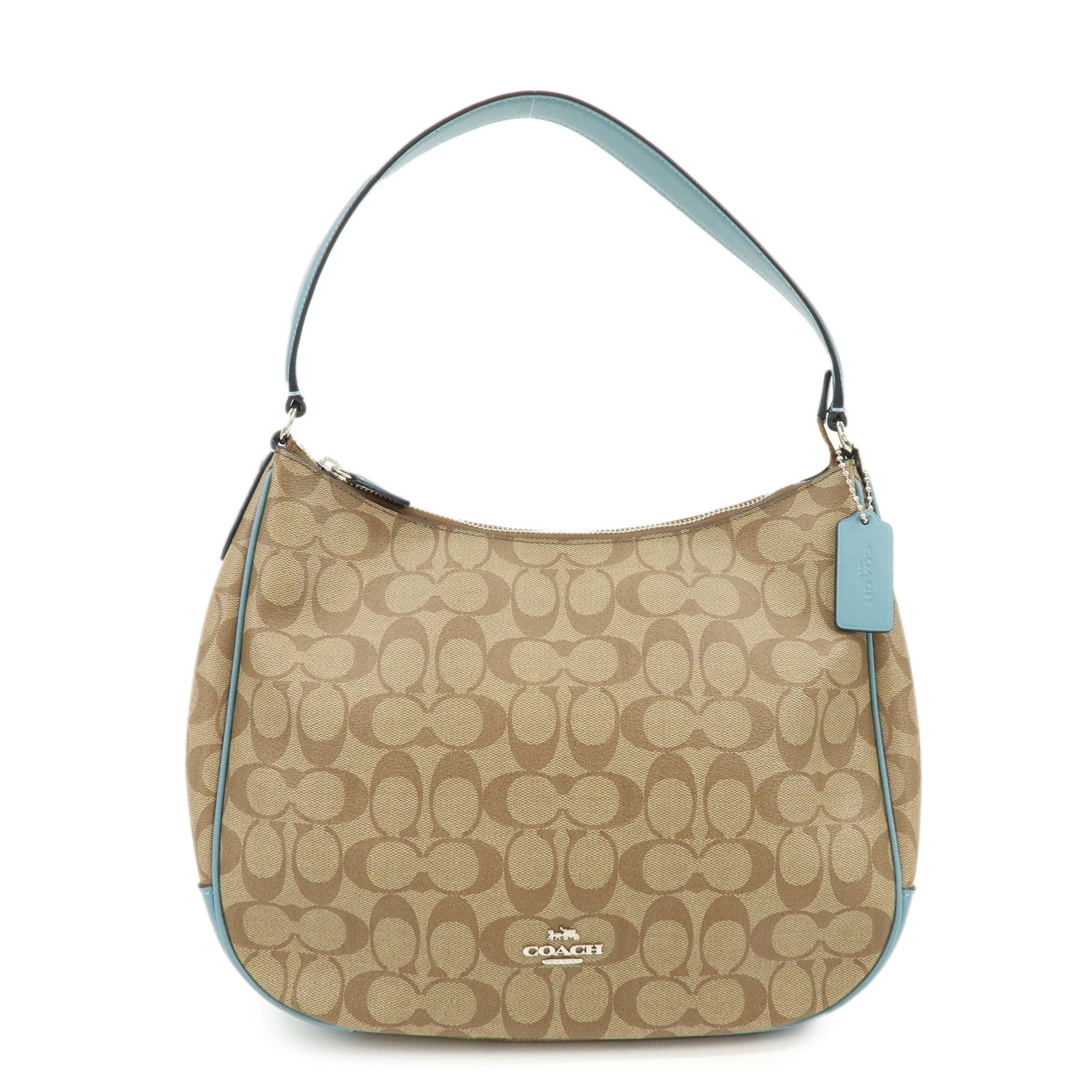 COACH Signature PVC Coated Canvas Leather Shoulder Bag Beige Blue