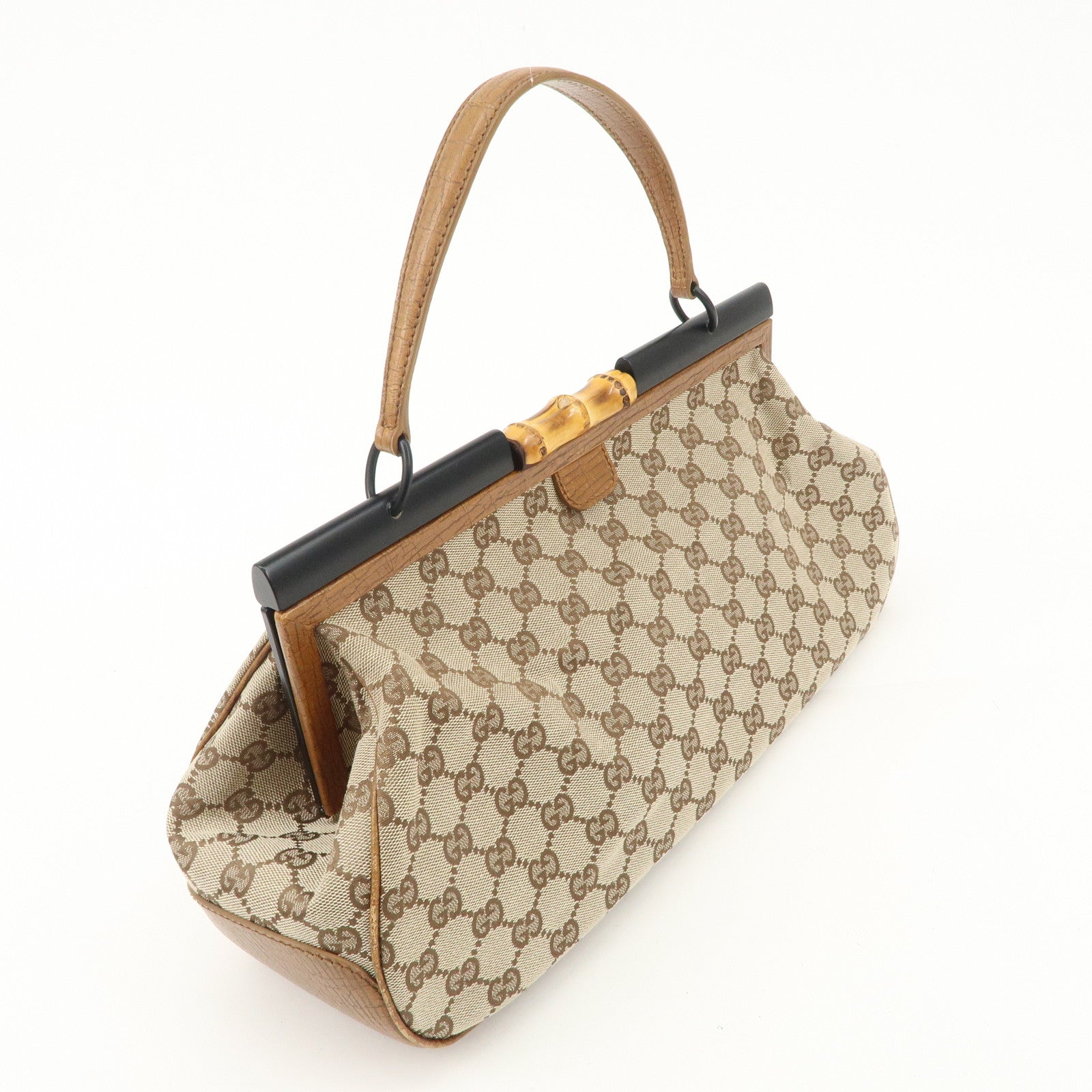 GUCCI Bamboo GG Canvas Leather Hand Bag Beige Brown 112366 Used