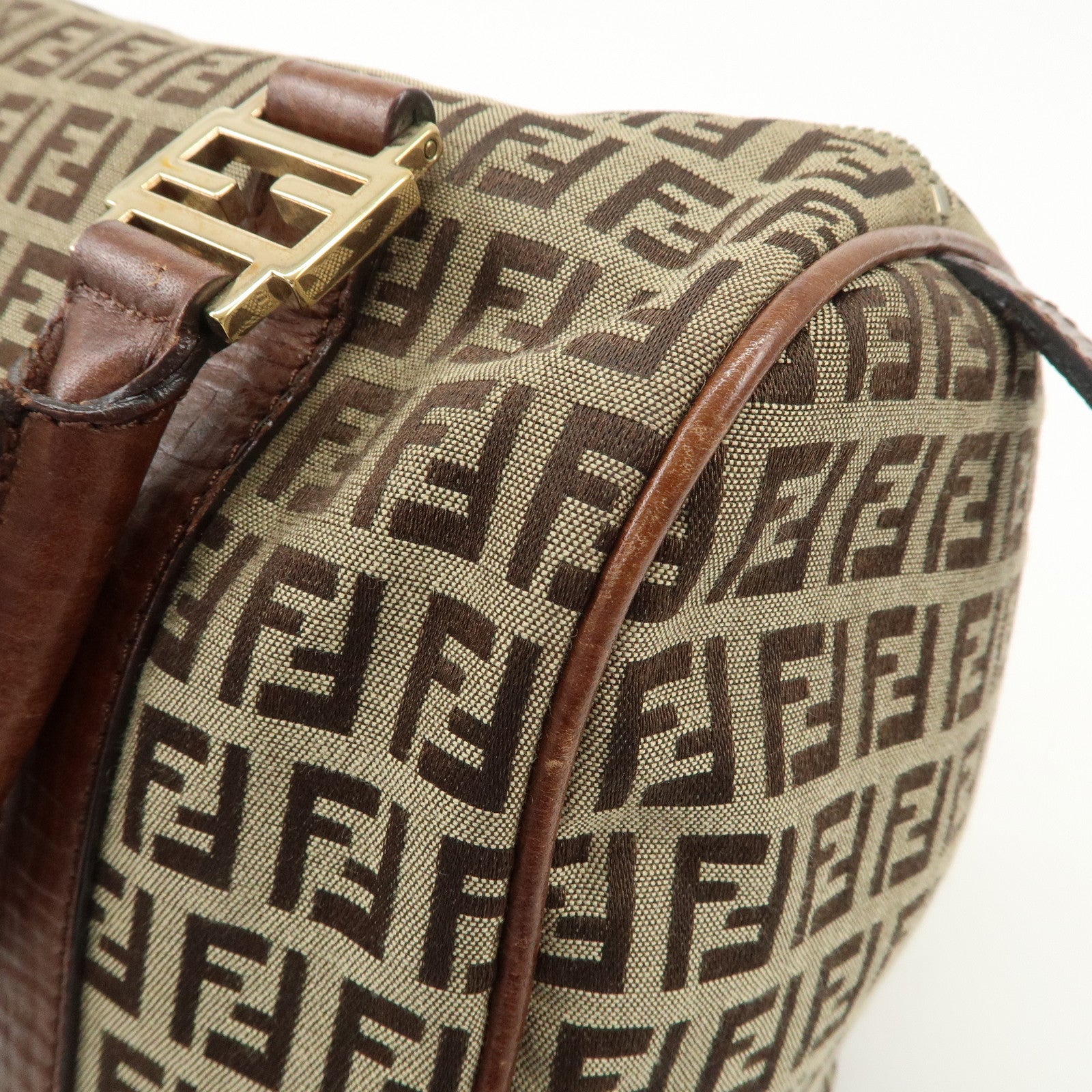 FENDI Zucchino Canvas Leather Boston Bag Brown Beige 8BL068 Used