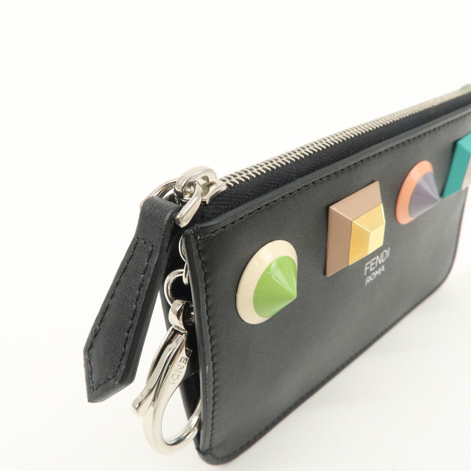 FENDI Logo Leather Studs Coin Purse Coin Case Black 8AP151 Used