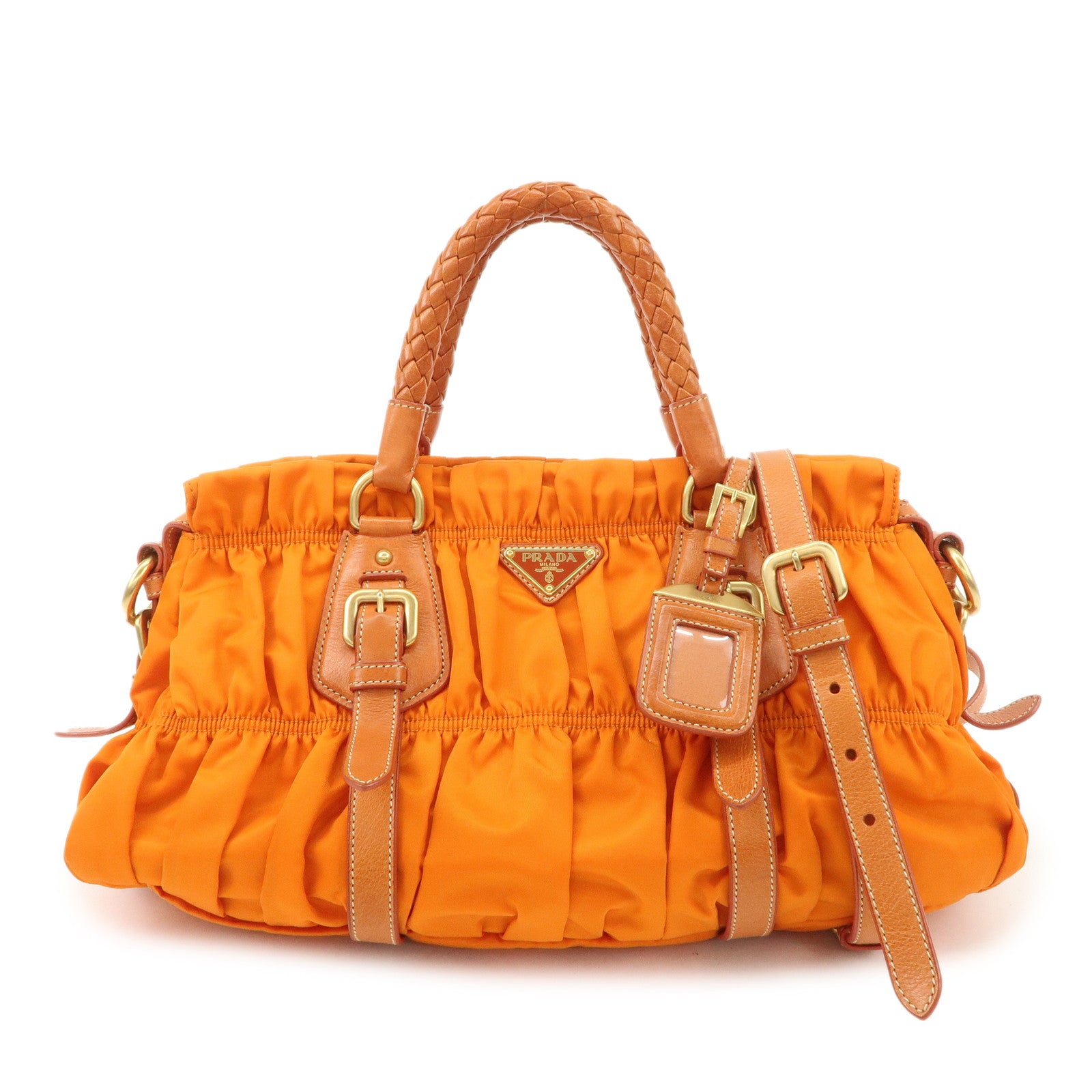 PRADA Triangle Logo Nylon Leather 2Way Bag Hand Bag Orange BN1407 Used