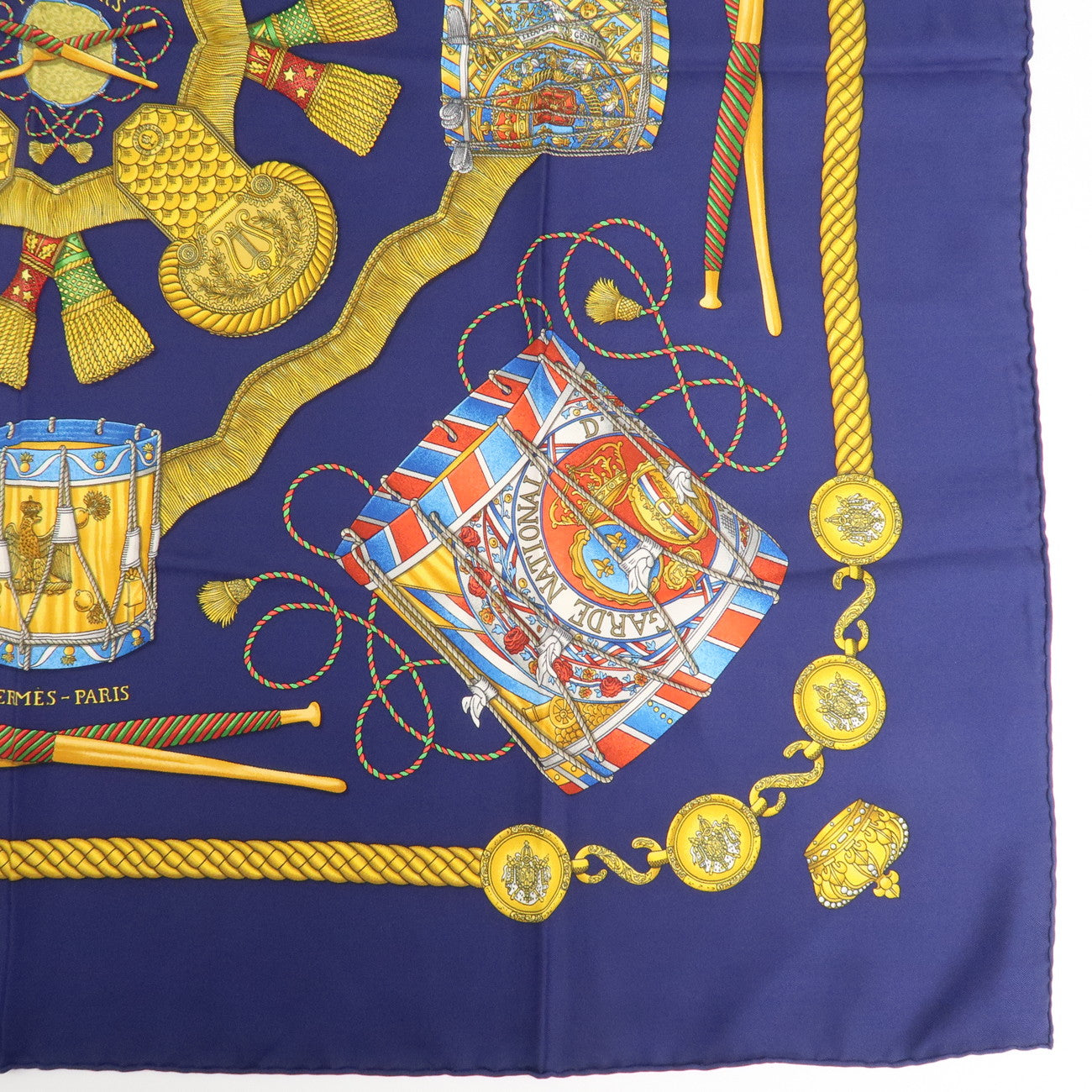 HERMES Carre 90 Silk 100% Scarf LES TAMBOURS Navy Multicolor Used