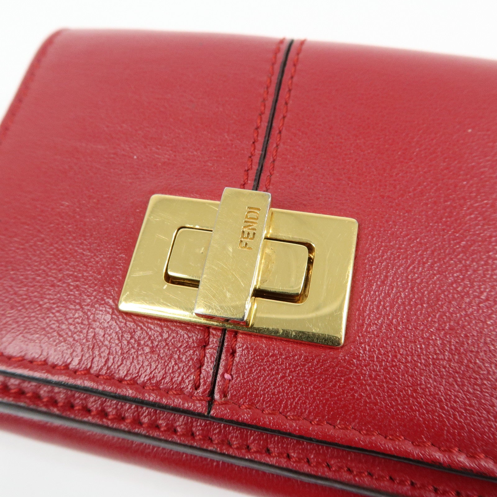 FENDI Peekaboo Leather Compact Trifold Wallet Red 8M0445