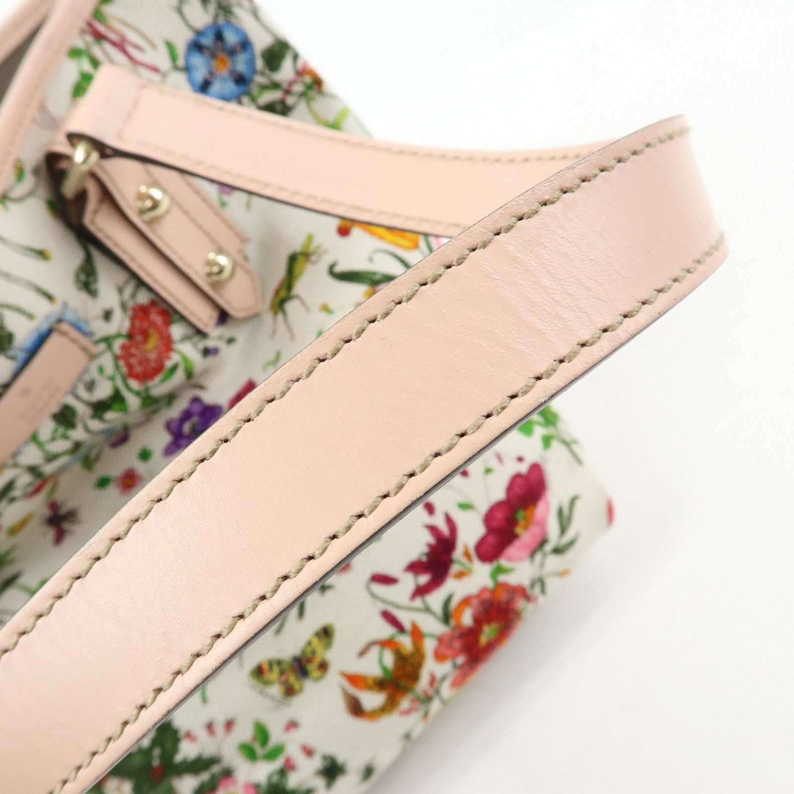 GUCCI Flora Flower Motif Canvas Leather Tote Bag White Pink 240018