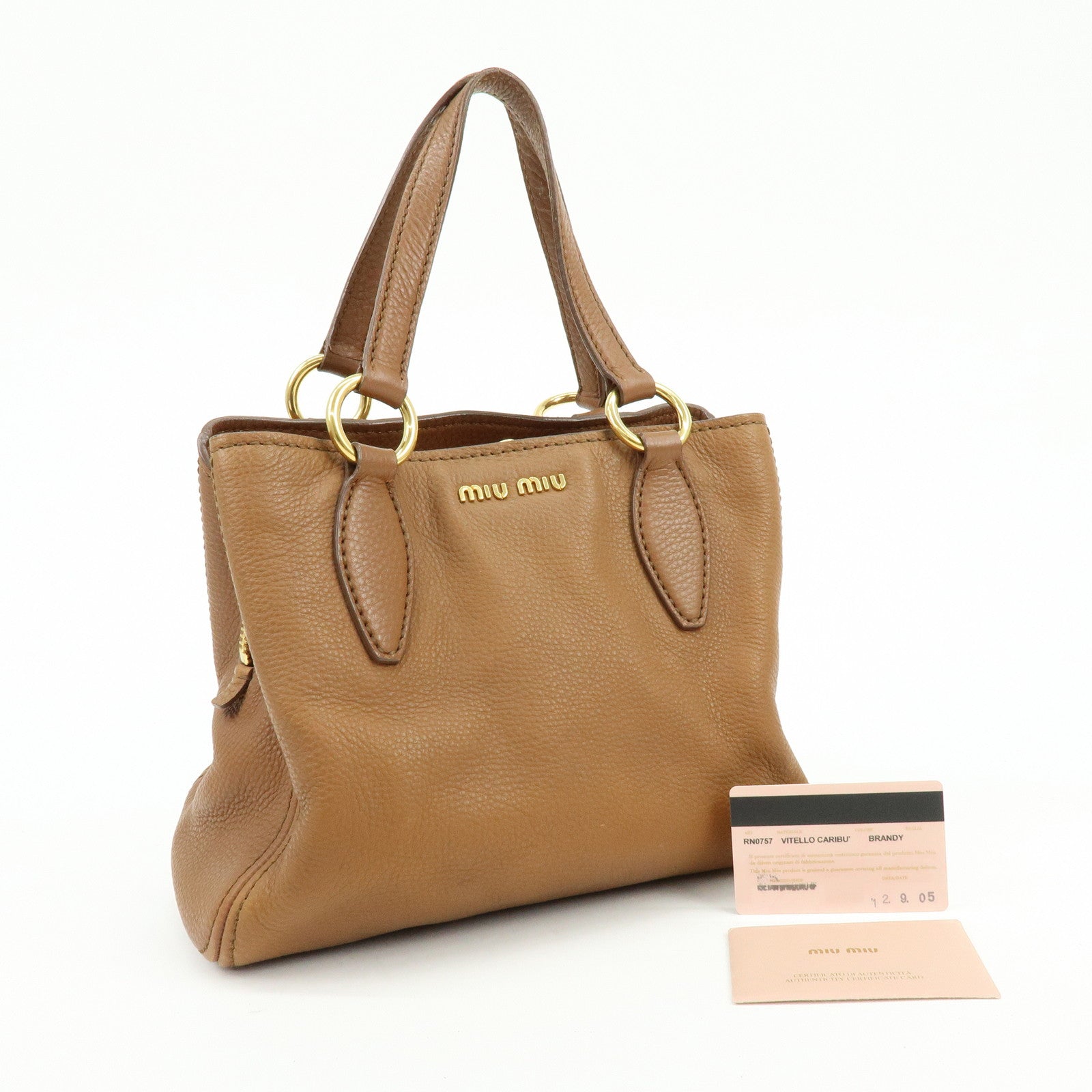 MIU MIU Leather Vitello Caribu 2Way Bag Hand Bag Brown RN0757