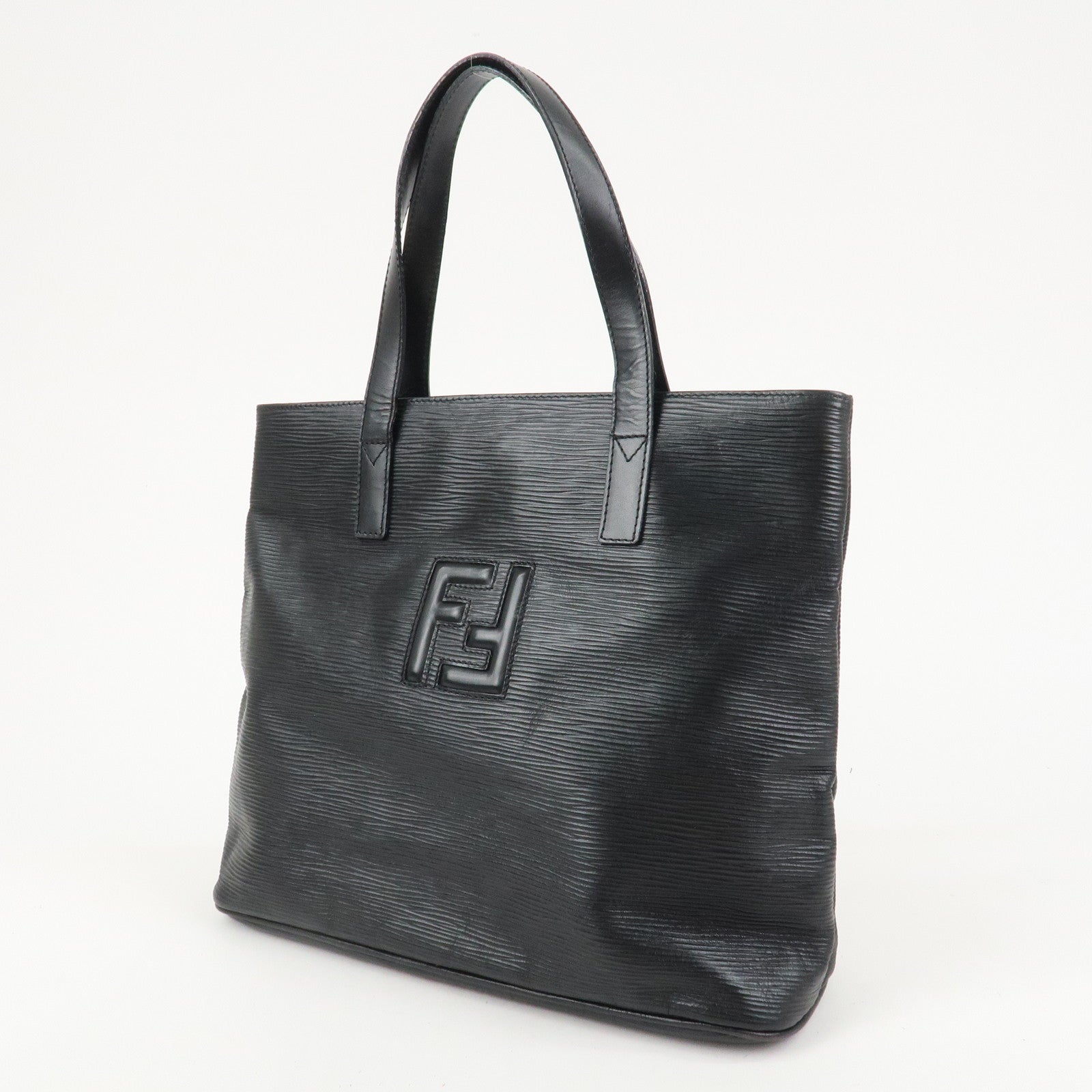 FENDI Logo Leather Tote Bag Hand Bag Shoulder Bag Black