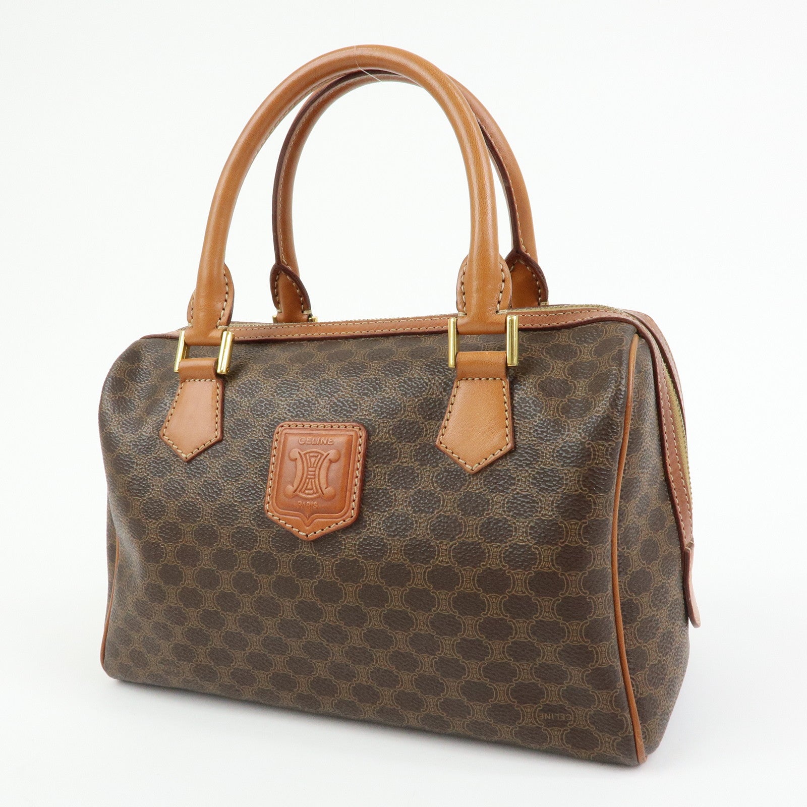CELINE Logo Macadam PVC Leather Boston Bag Hand Bag Brown