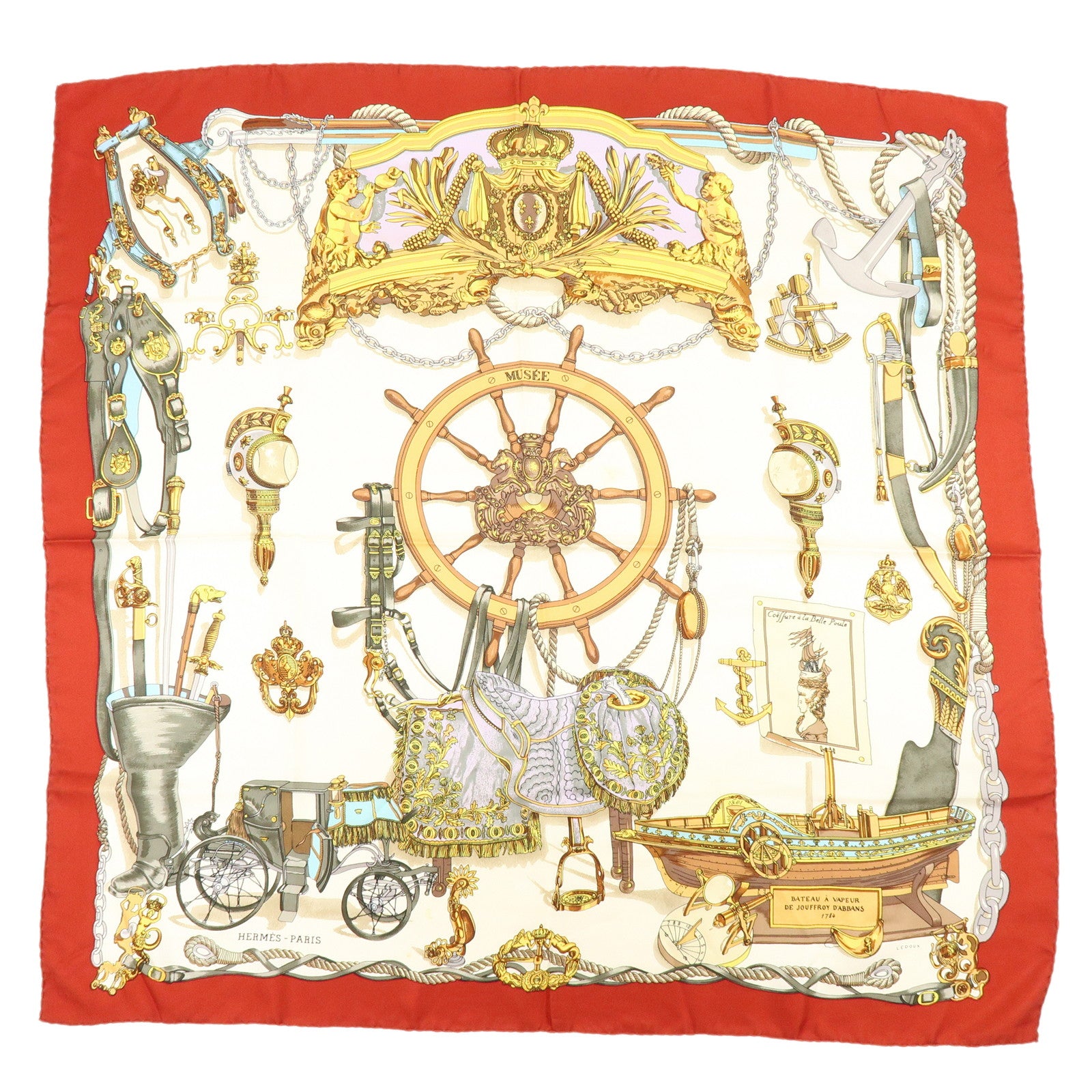 HERMES Carre 90 Silk 100% Scarf MUSEE Museum Print Red Beige