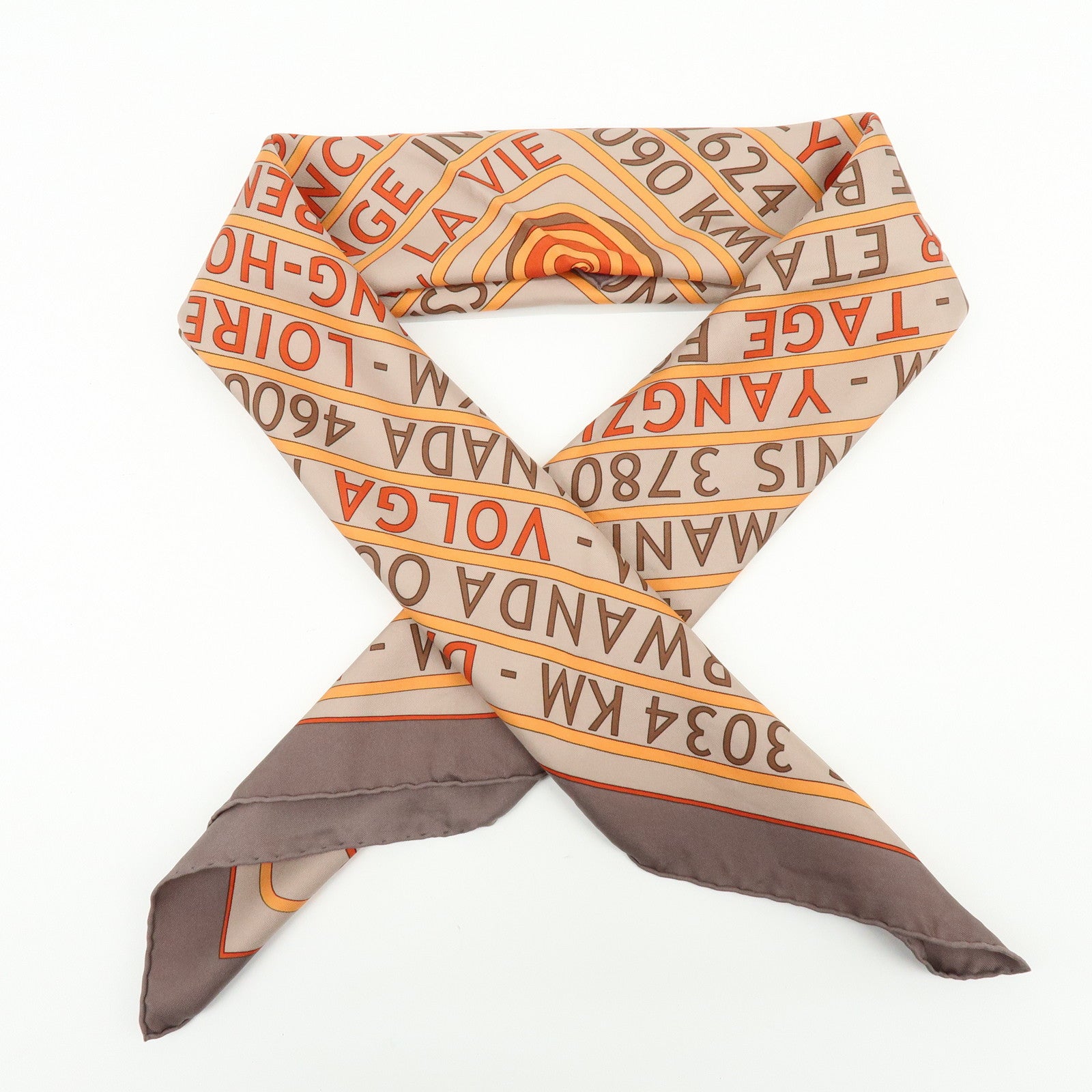 HERMES Carre 90 Silk 100% Scarf LES SOURCES DE LA VIE Brown Orange