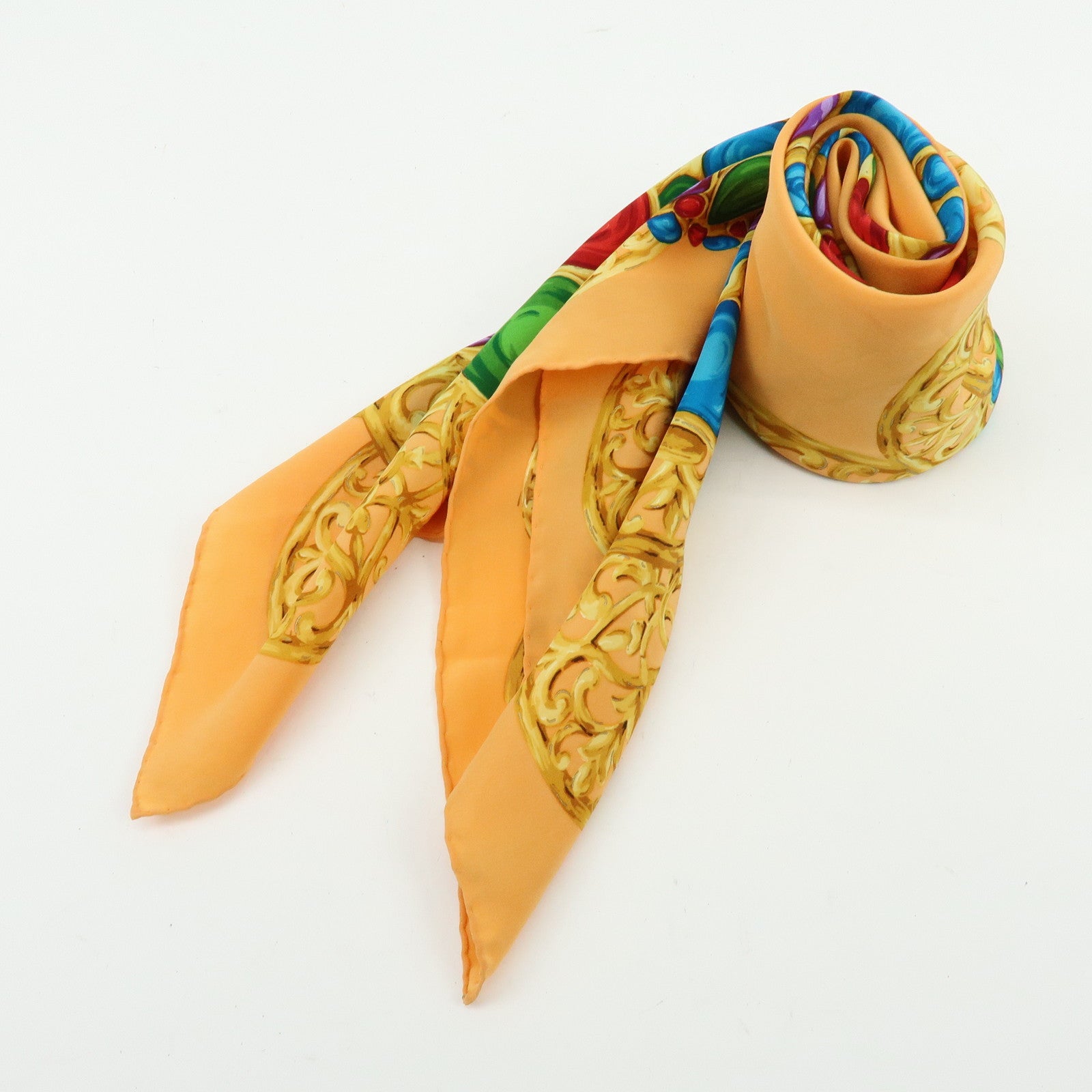 CHANEL Jewelry Motif Silk 100% Scarf Orange Multicolor