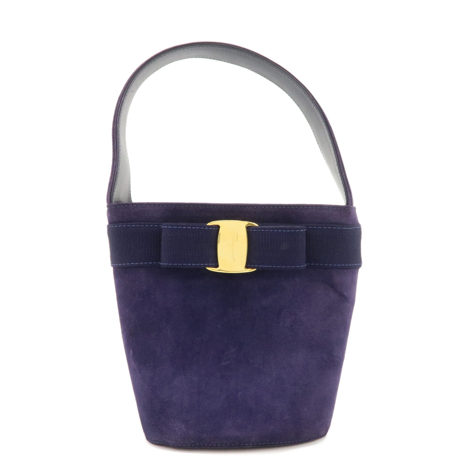 Ferragamo Vara Ribon Suede Hand Bag Purple Gold Hardware Used