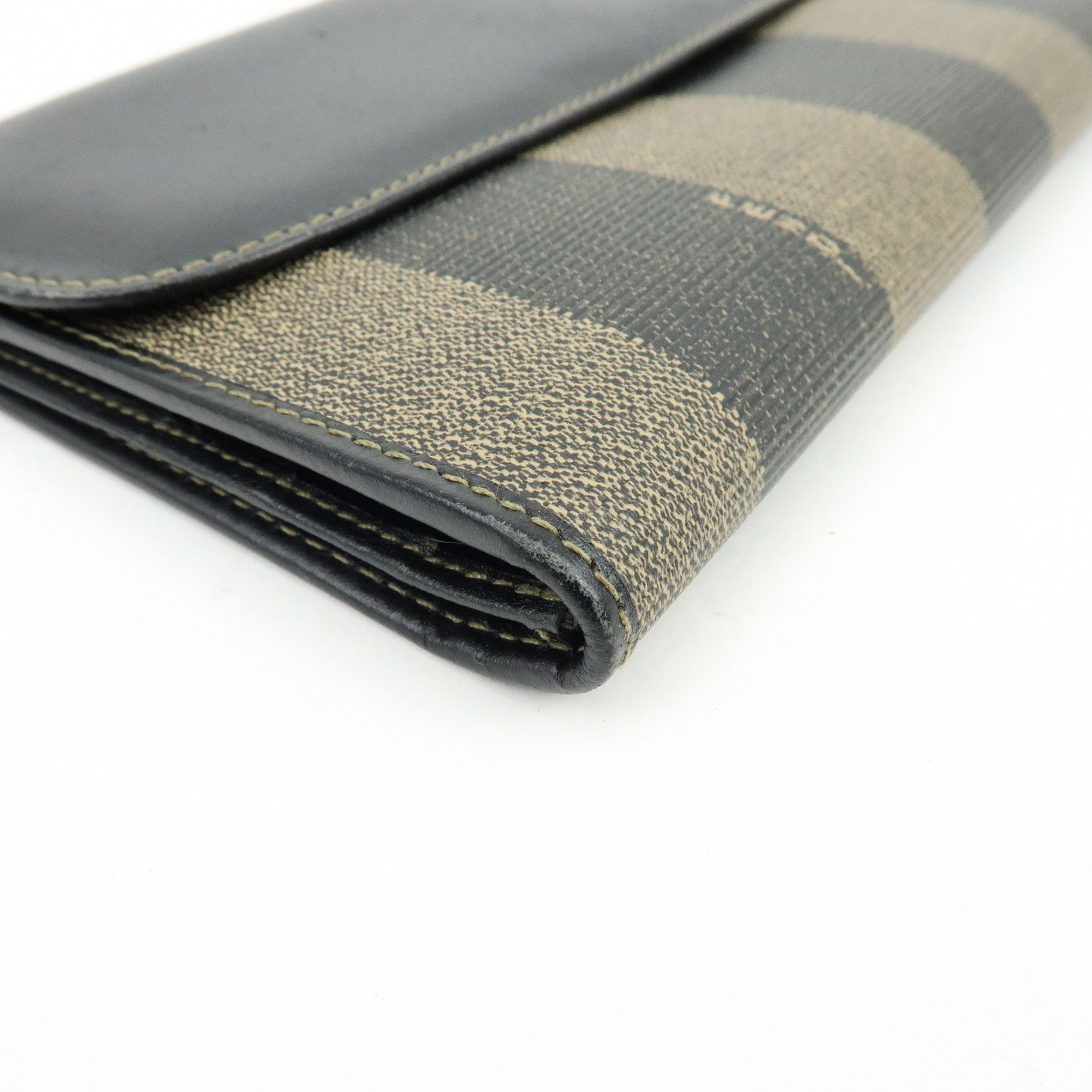 FENDI Pequin Leather PVC Long Wallet Beige Black 30806