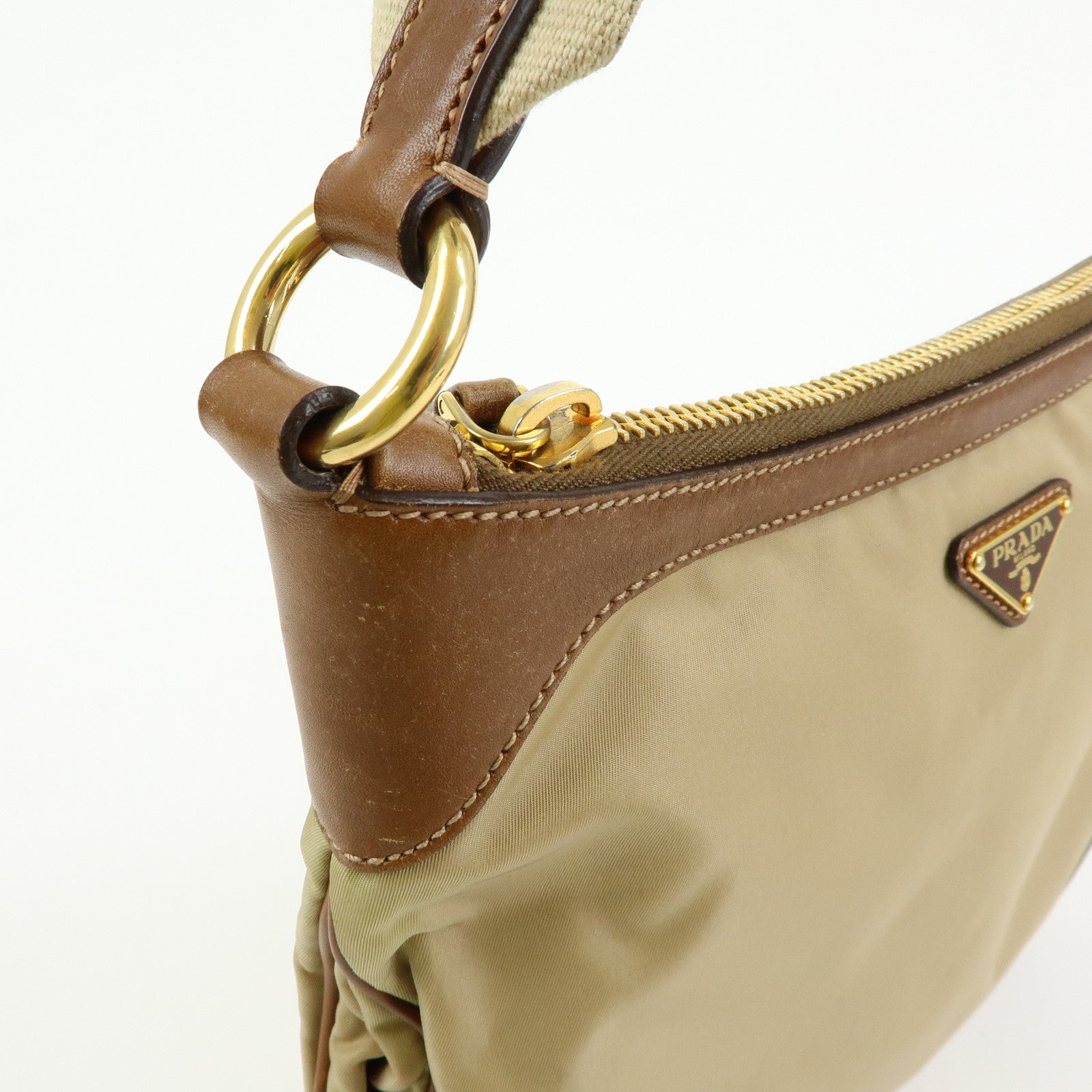 PRADA Triangle Logo Nylon Leather Shoulder Bag Crossbody Bag Beige