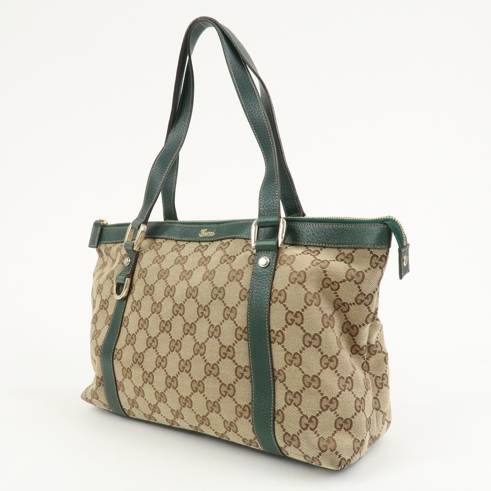 GUCCI Abbey GG Canvas Leather Tote Bag Beige Dark Green 141470