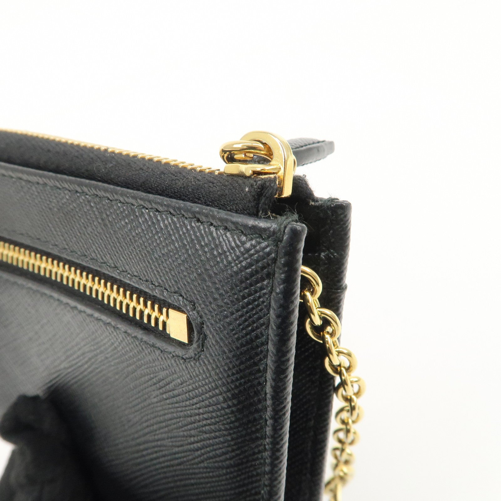 PRADA Triangle Logo Saffiano Leather Mini Wallet Key Ring Black 1PP122 Used