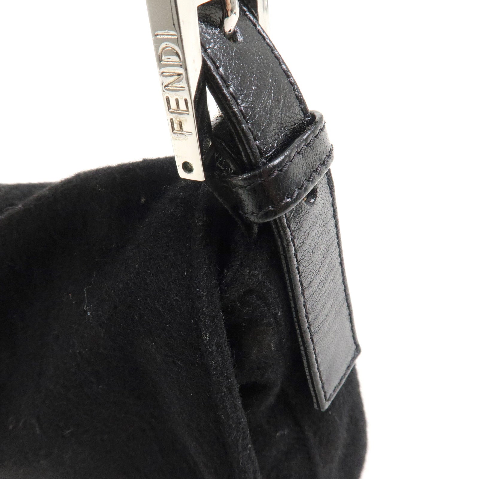 FENDI Mamma Baguette Wool Leather Shoulder Bag Hand Bag Black 26424