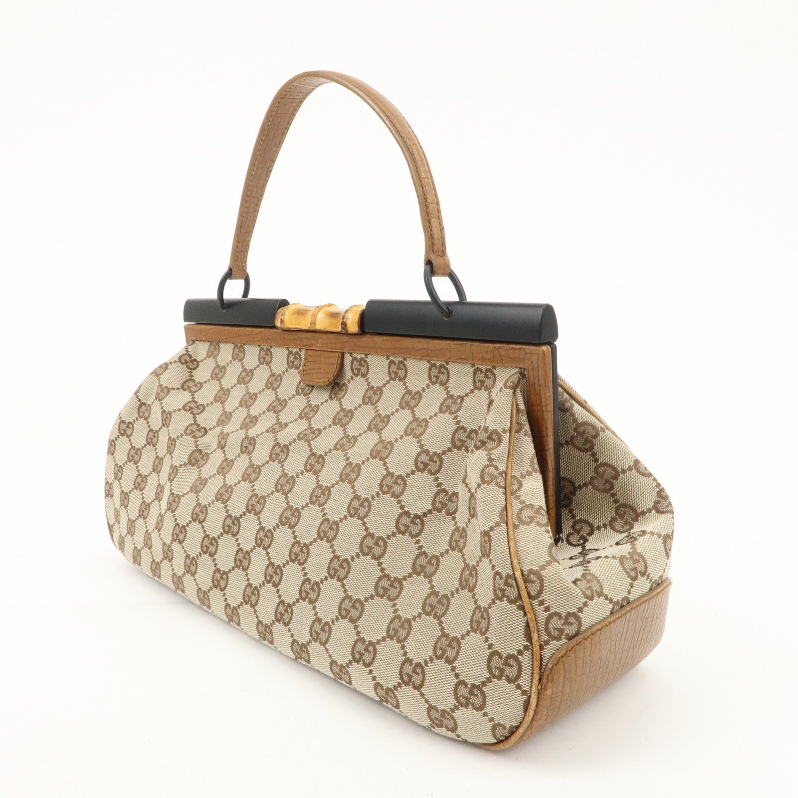 GUCCI Bamboo GG Canvas Leather Hand Bag Beige Brown 112366 Used