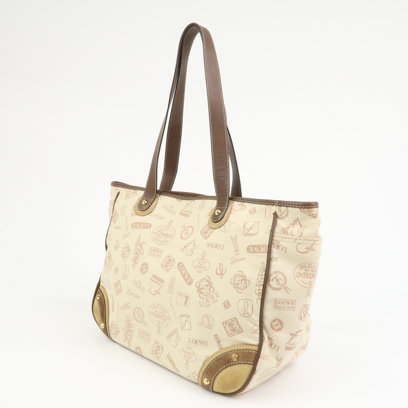LOEWE Anagram Canvas Leather Suede Tote Bag Shoulder Bag Ivory