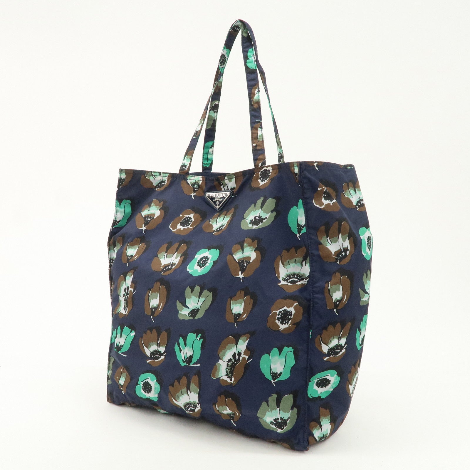 PRADA Triangle Logo Nylon Tote Bag w/Pouch Flower Print Navy B4626B Used