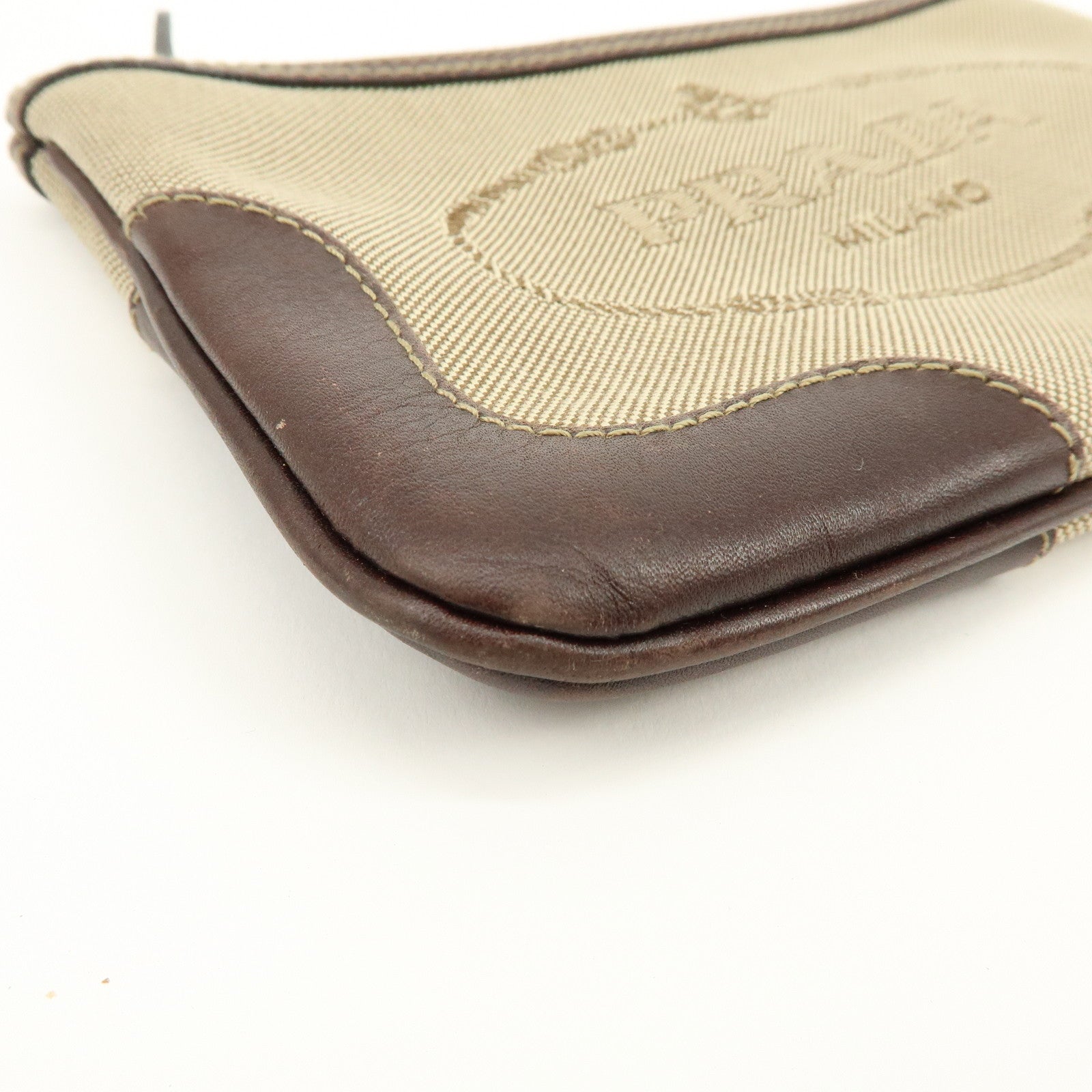 PRADA Logo Jacquard Leather Pouch Cosmetic Case Beige Brown