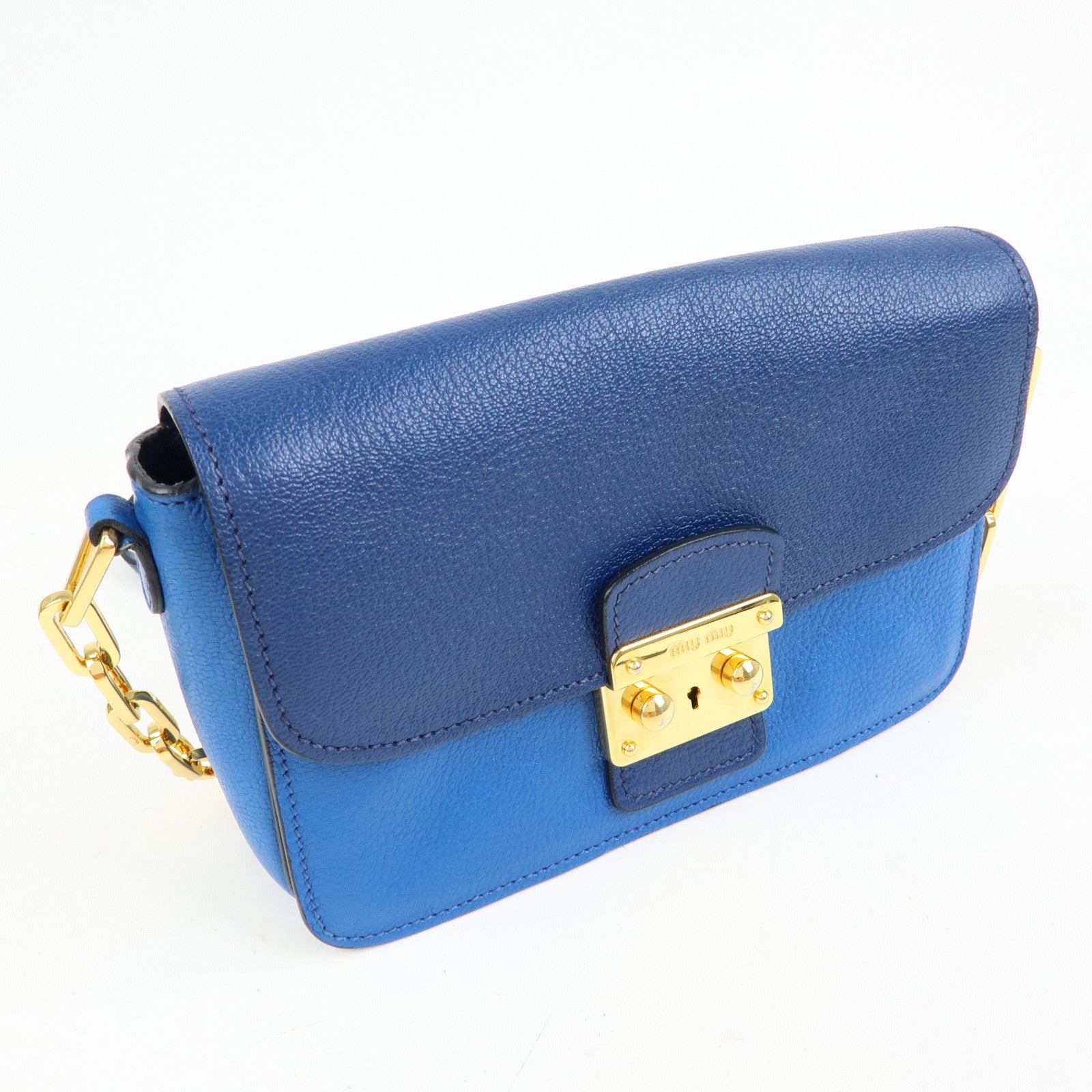 MIU MIU Madras Leather Shoulder Bag Crossbody Bag Blue RT0544